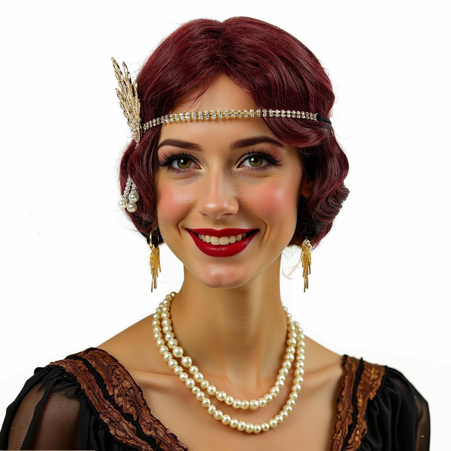 STfantasy 20S Finger Wave Wig Flapper Curly Synthetic Hair for Women 1920s Cosplay Costume Halloween Party Daily Everyday Wear (Black+Red)