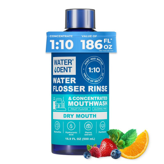 WATER DENT Water Flosser Rinse, Solution, Additive & Mouthwash for Dry Mouth – Compatible with Waterpik & All Oral Irrigators, with Hyaluronic Acid, Alcohol & Fluoride Free, Fruit Mint, 16.9 fl oz
