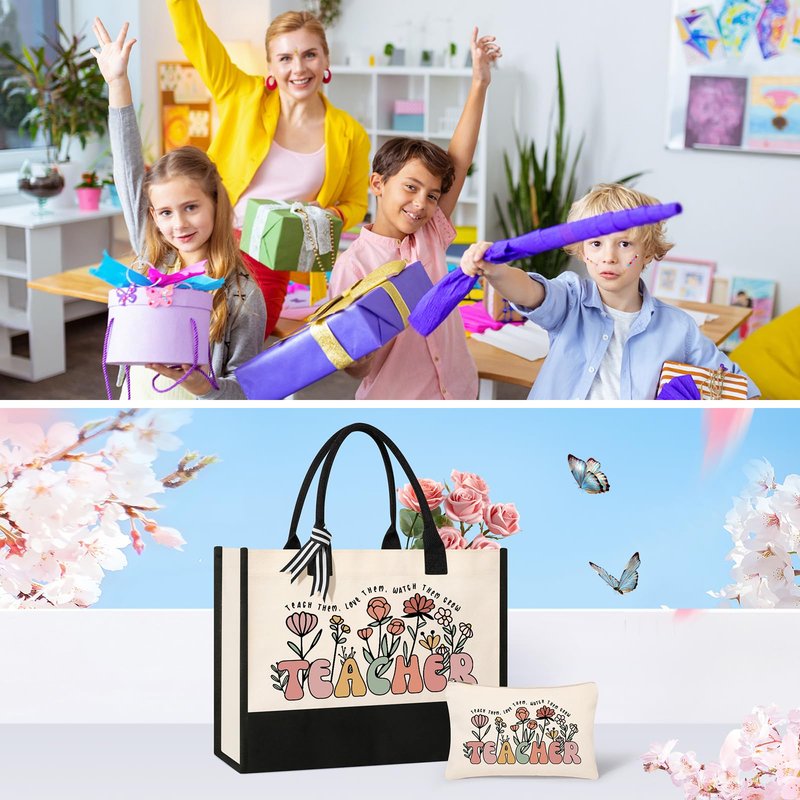 Tecanne Teacher Appreciation Gifts for Women, Canvas Tote Bag and Makeup Bag Set for Women (4 Sets)