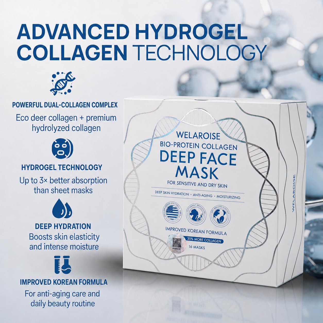 Welaroise Bio Protein Collagen Hydrogel Deep Face Mask +35% More Collagen, Intense Hydration & Moisturization, Firming, Anti-Aging, Skin Renewal, Korean Skincare (Pack of 16)