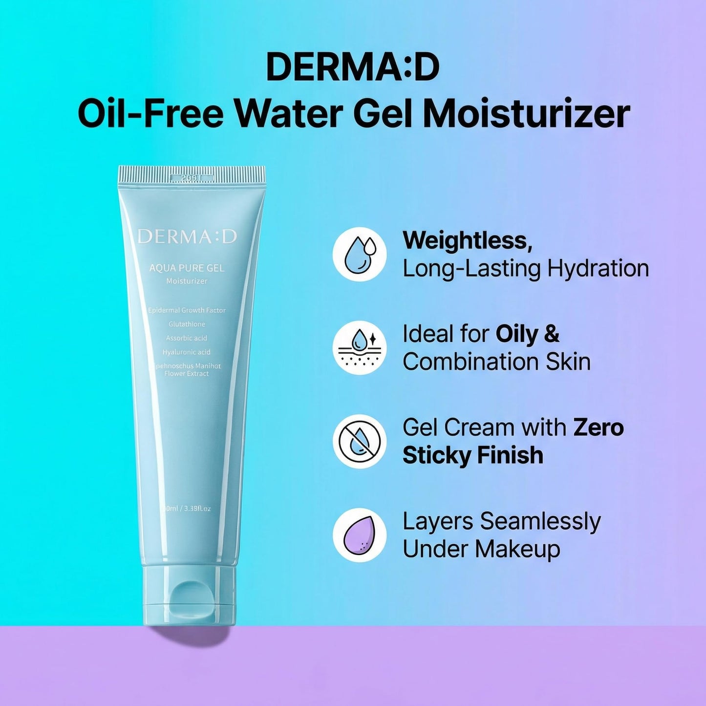 DERMA:D Korean Gel Moisturizer for Face – Lightweight Water Gel Cream with Hyaluronic Acid, EGF & Glutathione, Oil-Free Hydrating Moisturizer for Oily, Dry & Sensitive Skin, Non-Greasy, 3.38 fl oz