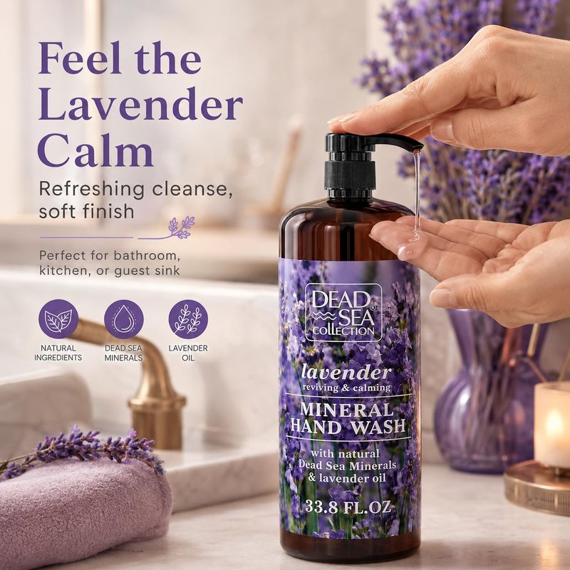 Dead Sea Collection Hand Soap Pump Lavender - Moisturizing Hand Wash Liquid with Dead Sea Minerals and Lavender Oil, Reviving, Calming - Pack of 2 (33.8 Fl Oz Each) - 67.6 Fl Oz Total