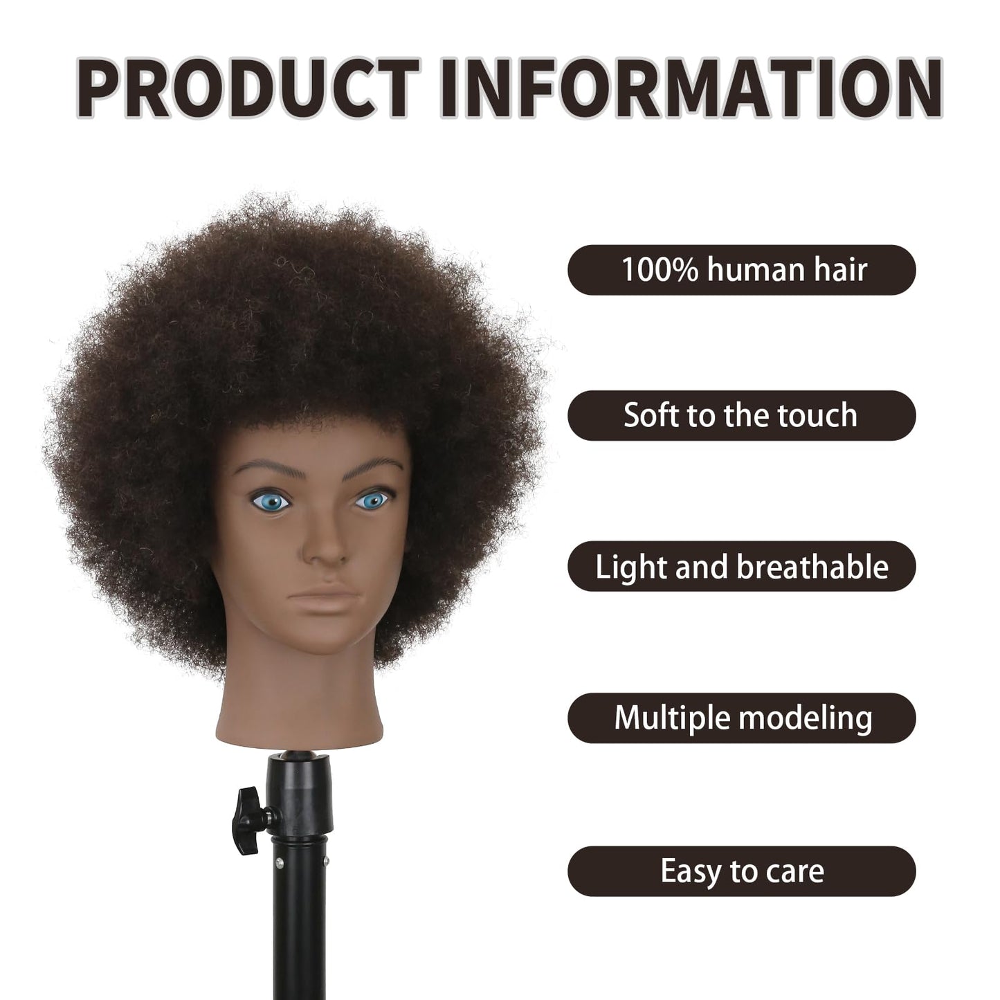 Sirydtm Afro Kinky Curly Mannequin Head - 100% Human Hair for Braiding, Styling & Cutting - Salon Training Head with Stand for Coloring, Bleaching & Updos