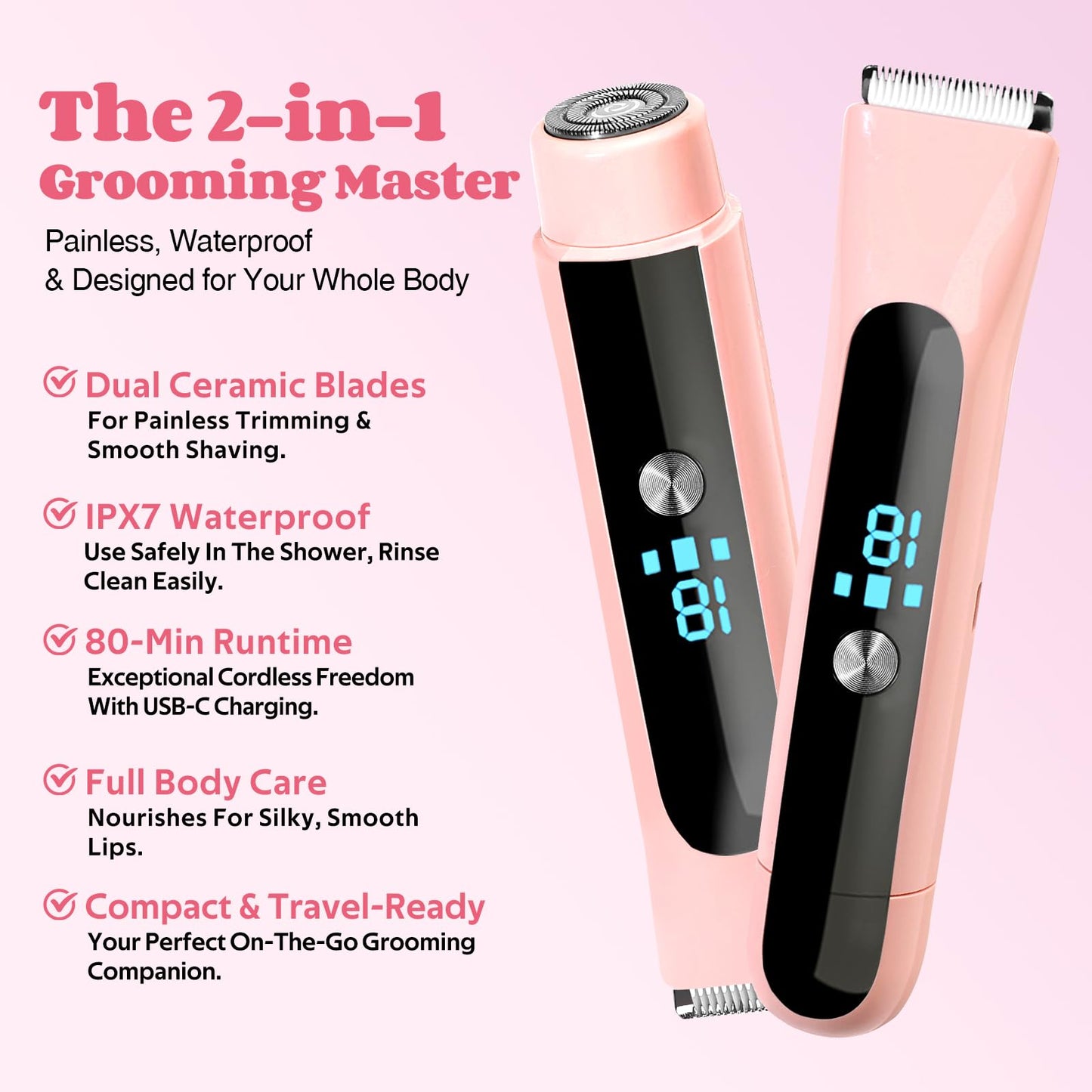 Bikini Trimmer for Women, 2 in 1 Dual-Head Electric Shaver for Legs Underarms Face Pubic Area, IPX7 Waterproof Wet & Dry Use, Rechargeable Cordless Body Hair Trimmer with USB-C, for Holiday Gift