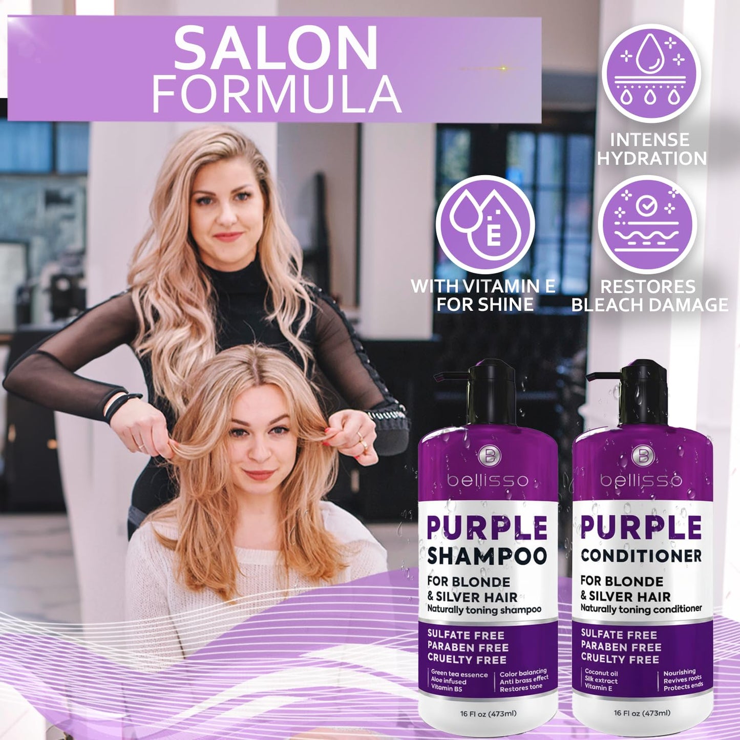 Purple Shampoo and Conditioner Set | Sulfate-Free Toner for Platinum Blonde, Silver & Grey Hair - 2 x 16 fl oz