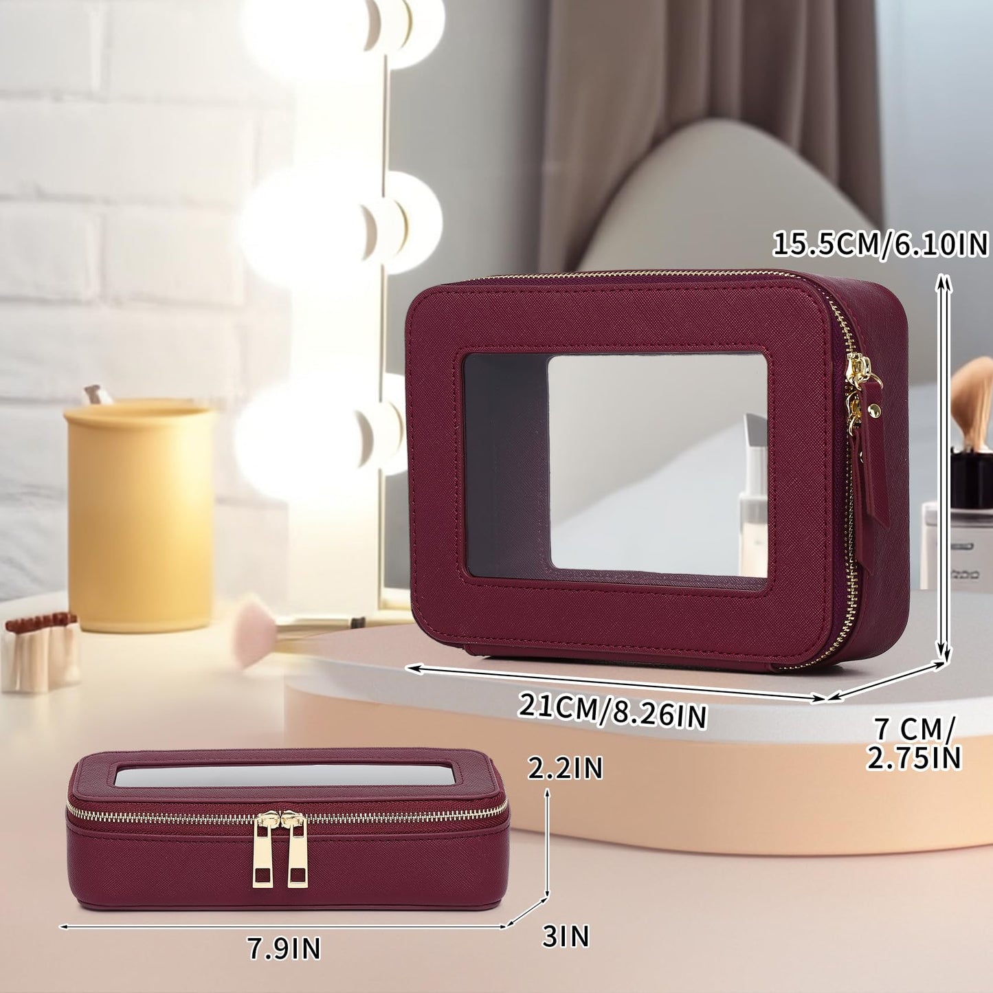 Pinkmik Travel Clear Makeup Bag with Brush Case TSA Approved Toiletry Bag Waterproof Cosmetic Organizer with Zipper Car Essential for Women (X/Burgundy, M+SLIM)