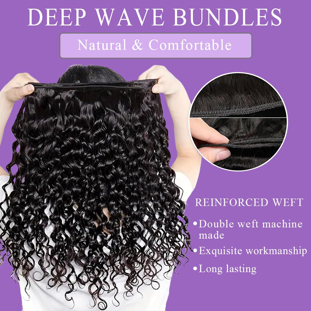 Deep Wave Bundles - 100% Unprocessed Brazilian Virgin Human Hair | 20” Double Weft for Natural Black Women