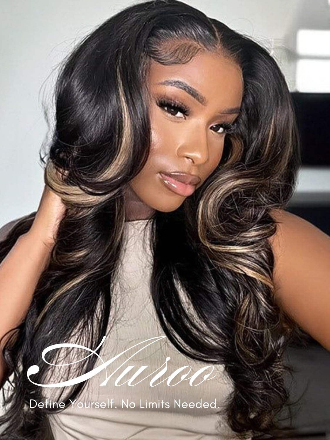 AUROO Platinum Blonde Highlight Black Mix Color Body Wave Human Hair, 100% Brazilian Thick Track Bundles #F1B/613 Ombre Skunk Stripe Balayage Colored Single Bundles Quick Weave Remy 14 In