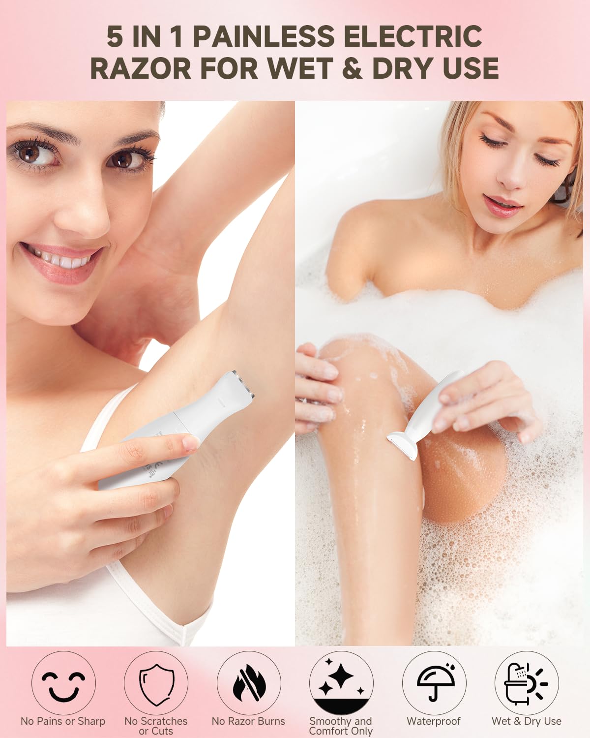 Bikini Trimmer for Women 5 in 1 Electric Razor, Rechargeable LED Display IPX7 Waterproof Hair Removal for Face, Leg, Armpit, Eyebrow, Pubic, Ideal Gift for Women
