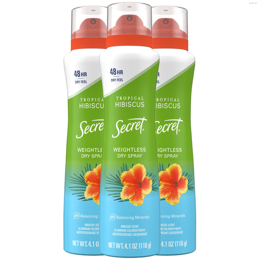 Secret Dry Spray Antiperspirant Deodorant for Women, 48hr Weightless Sweat & Odor Protection, Gentle on Skin, Tropical Hibiscus Scent, 4.1 oz (Pack of 3)