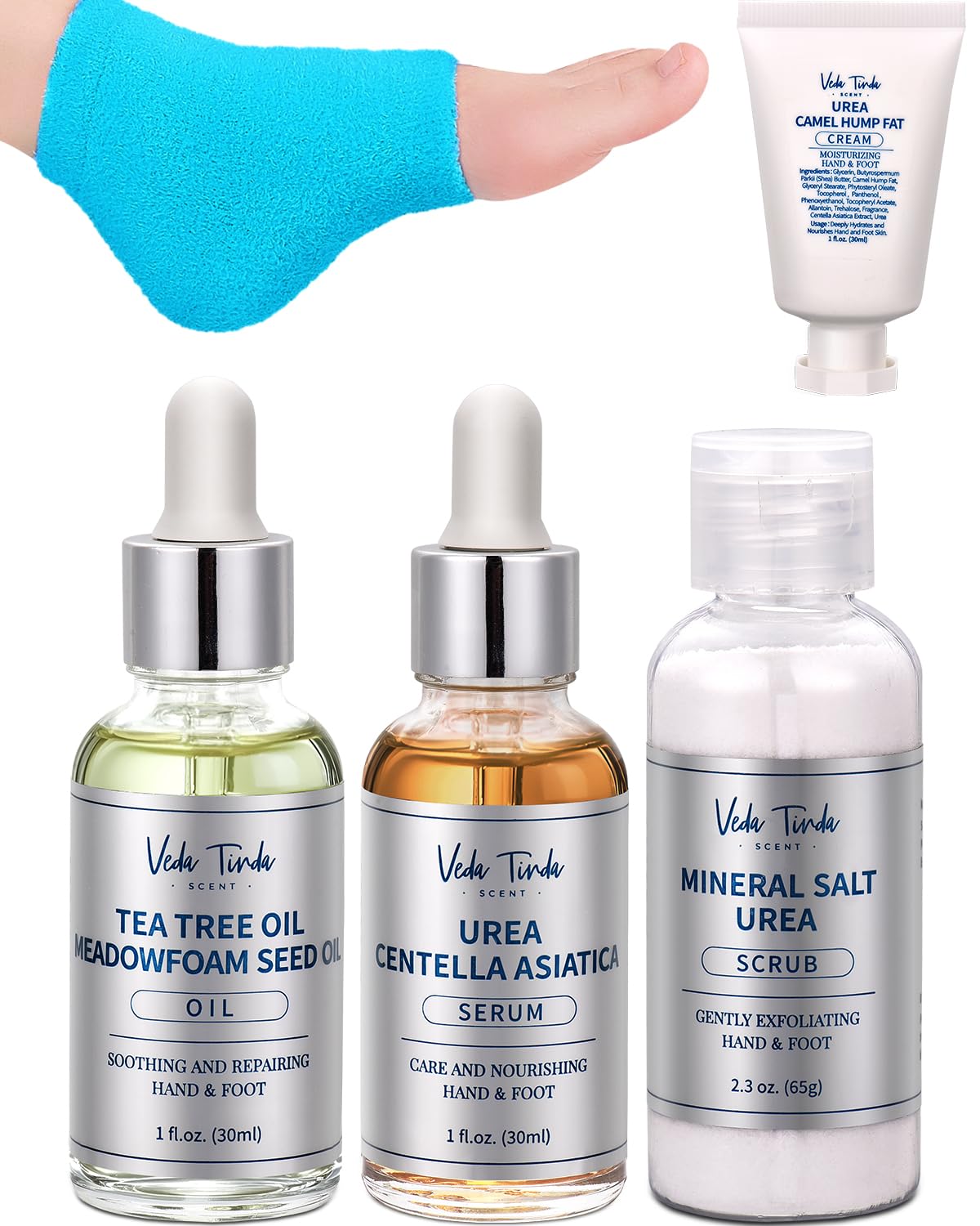 VTS Foot Care Kit - Tea Tree Oil, Urea Cream 40%, Salt Scrub, Feet Repair Serum & Moisturizing Socks for Dry Cracked Heels, Hands, Elbows, Knees