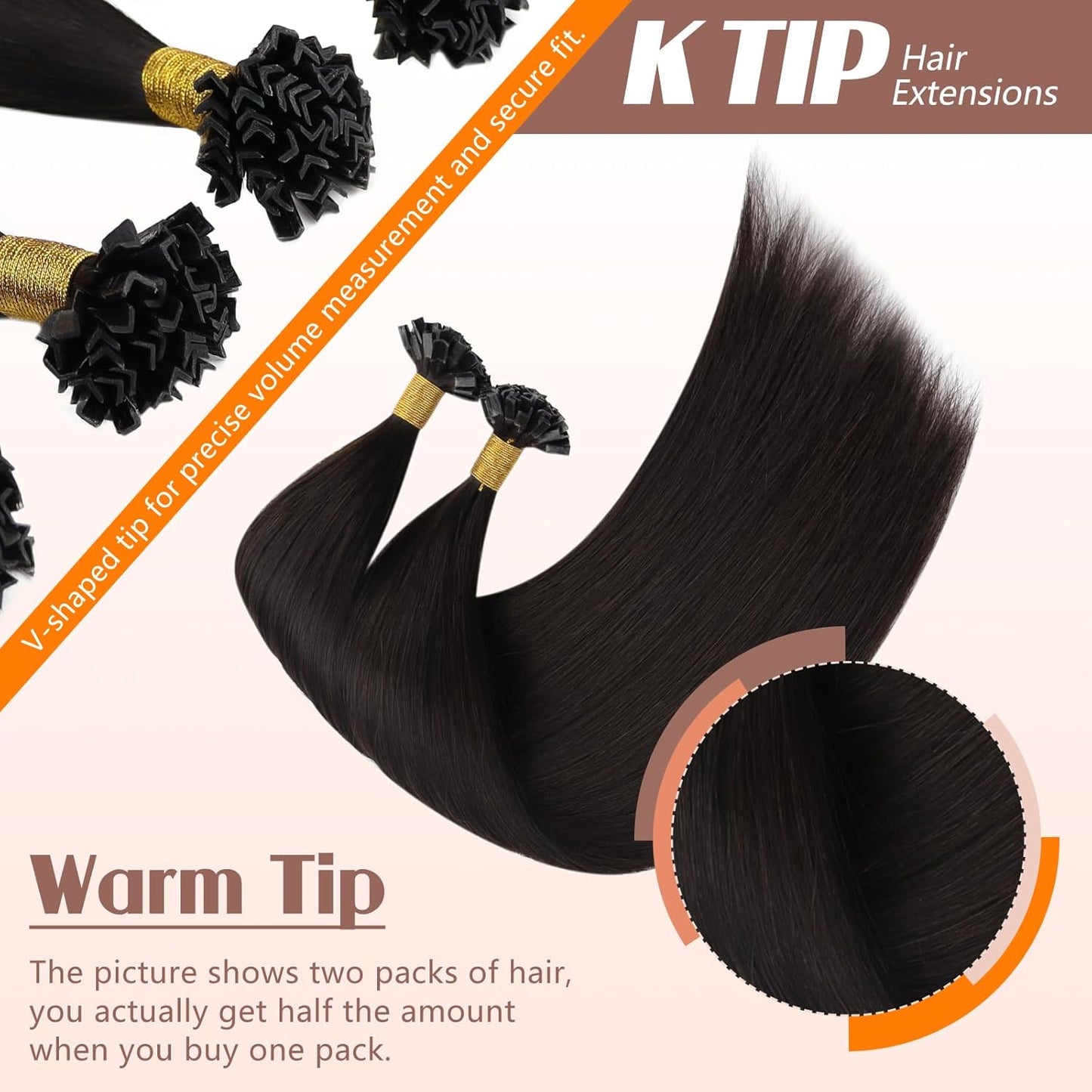 16 Inch K Tip Hair Extensions - Real Human Hair, Dark Brown | Invisible V-Tips for Seamless Blend & Volume