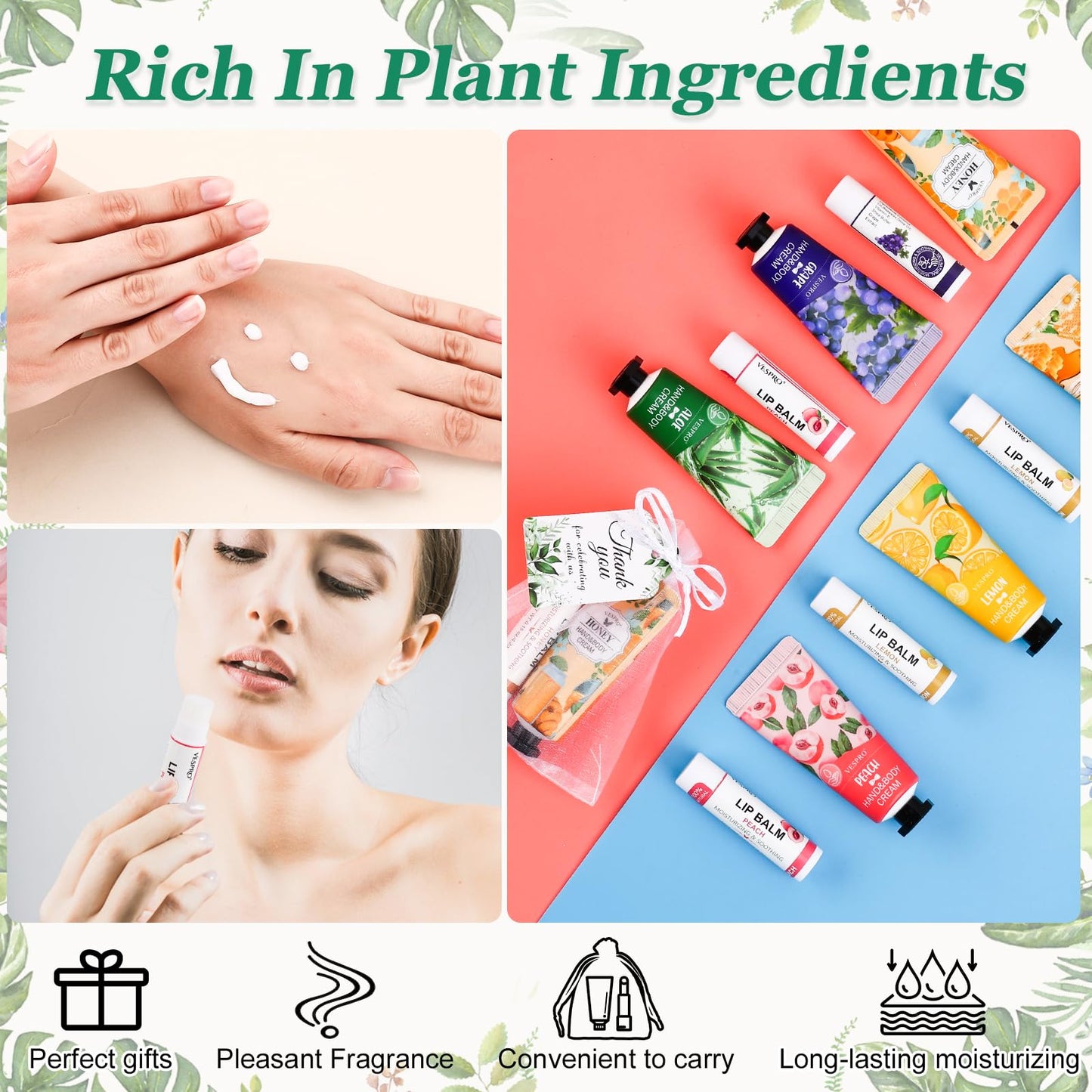 VESPRO 50 Sets Hand Cream Bulk and Lip Balm Bulk Gifts, Mothers Day Gifts and Wedding Shower Favors for Guests with Thank You Card and Organza Gift Bags, Teacher Gift and Nurse Gift