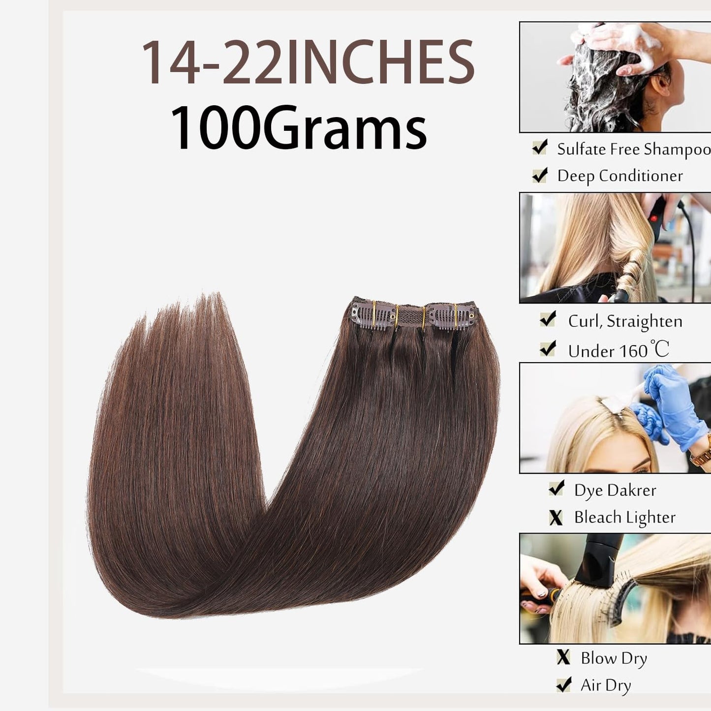 Ornate Hair Extensions Brown Real Human Hair Darkest Brown 100g Invisible Removable Thick Straight Fishing Line 8 Pieces Per Set Clip in Extensions Human Hair (4# clip in human hair, 14 inches-100g)