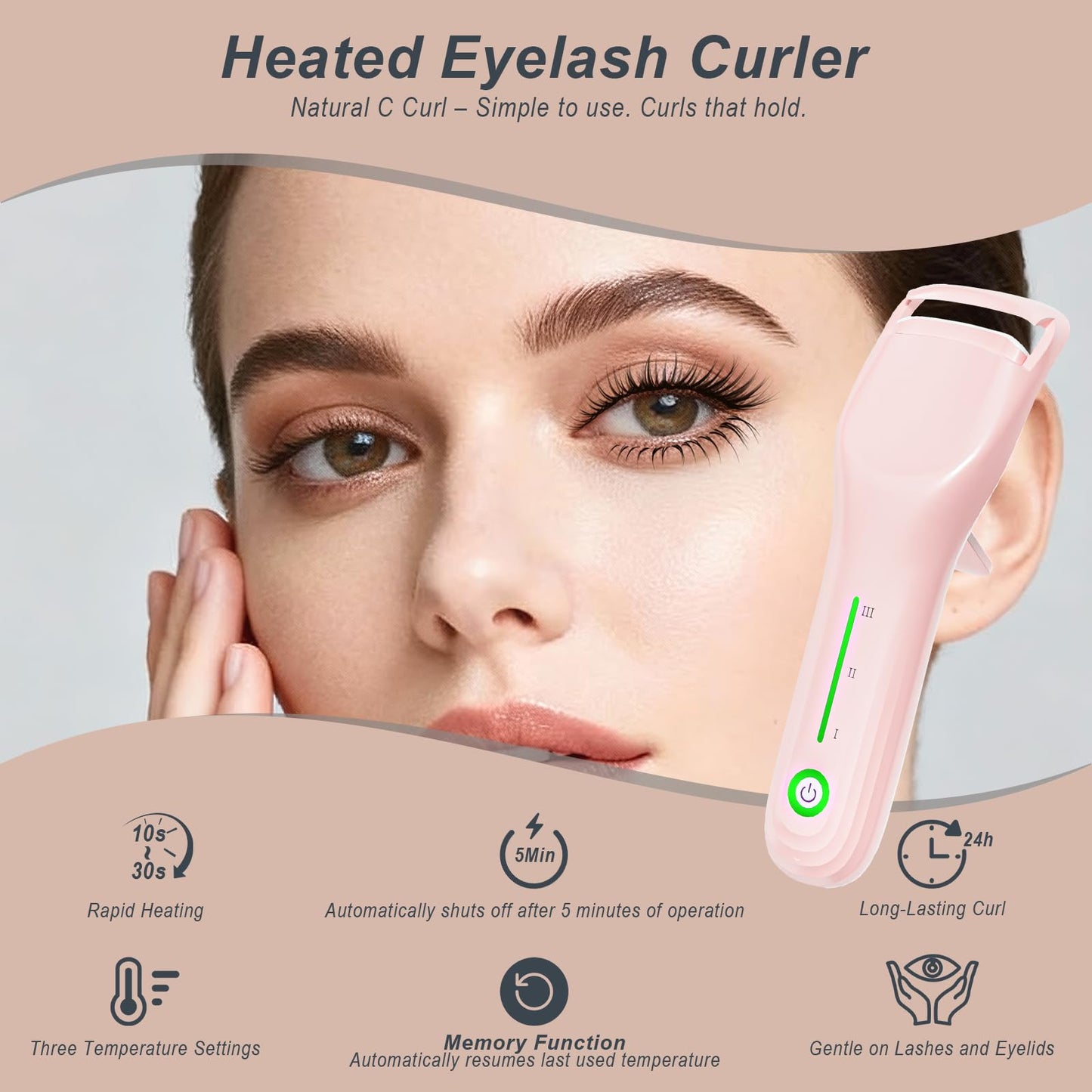 Heated Eyelash Curler for Women, Type-C Rechargeable with 3 Temp Settings & Silicone Pad for Natural C Curl, Travel-Friendly Heated Lash Curler (Pink)