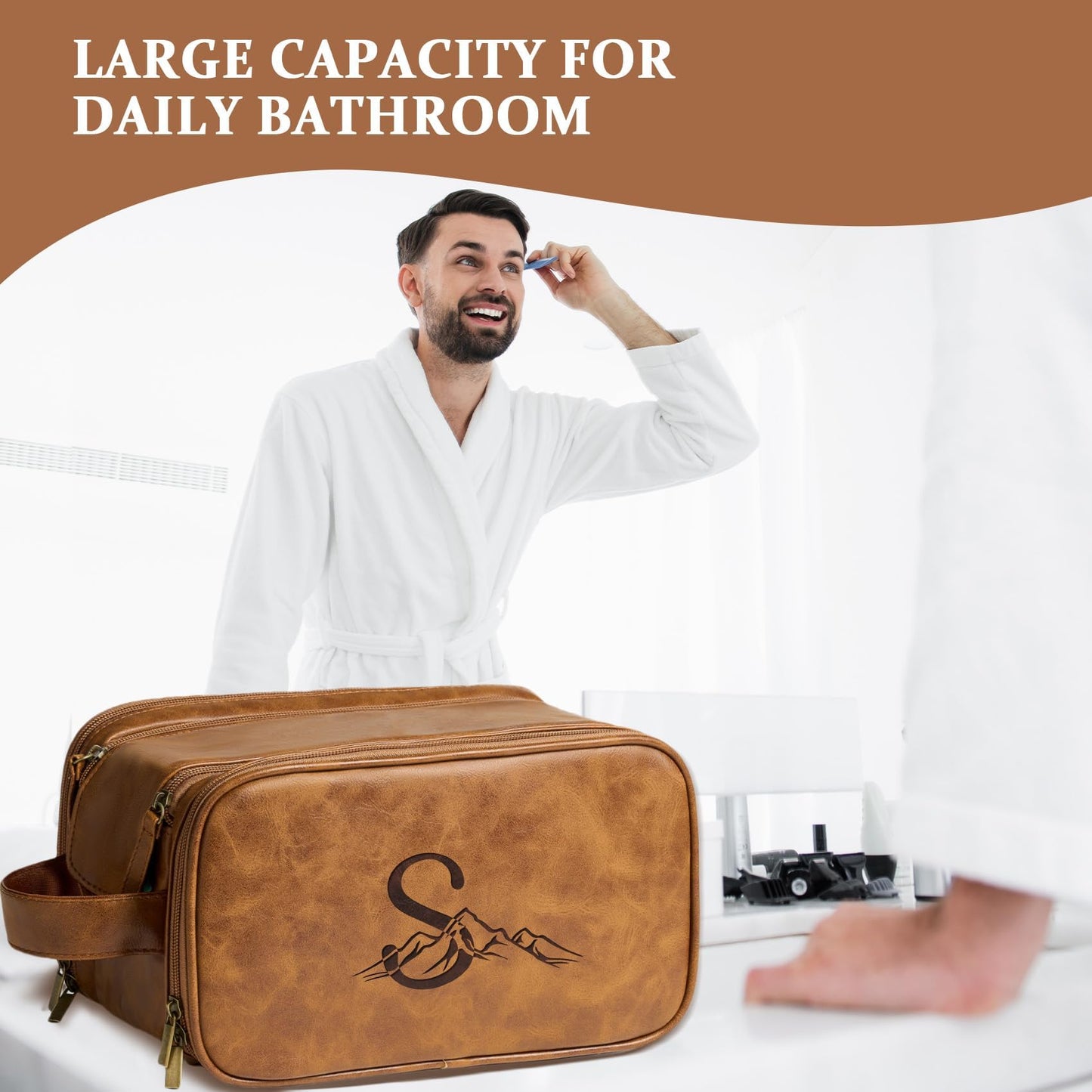 Janhavi Shaving Bag for Men Travel Waterproof, Engraved Initials & Mountain, Makeup Organizer, Groomsmen Gifts, Mens Toiletry Travel Bag, Men's Accessories Organizer, Gifts for Him(Brown L)