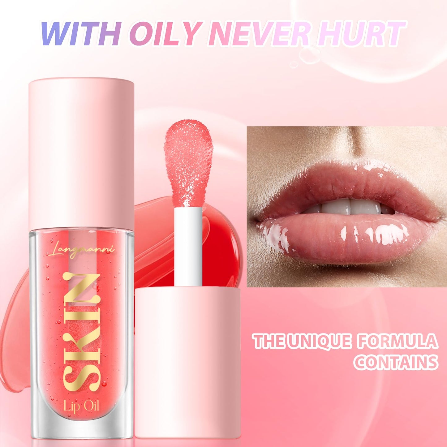 LANGMANNI Hydrating Lip Glow Oil,Moisturizing Nourishing Lip Oil,Light Colour Gloss Tinting And Non-sticky Lip Oil For Dry Lips Lip Care (Strawberry 2Pcs)