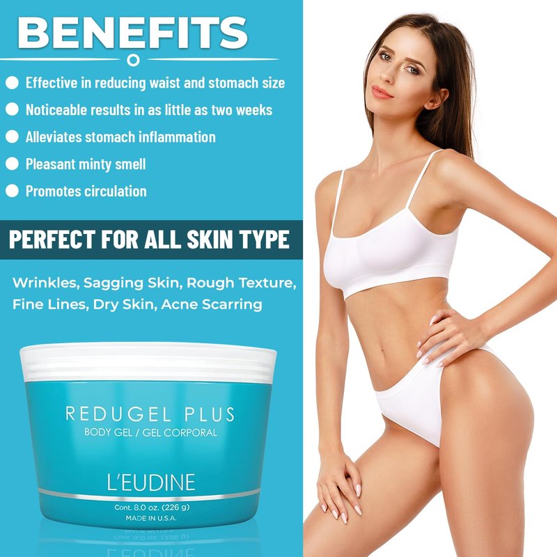 L’EUDINE Redugel Plus Skin Tightening Cream for Body – Belly Firming Cream with Mint Oil, Field Horsetail, Marine Algae & Maca Extract - Skin Firming and Tightening Lotion, 8 Oz