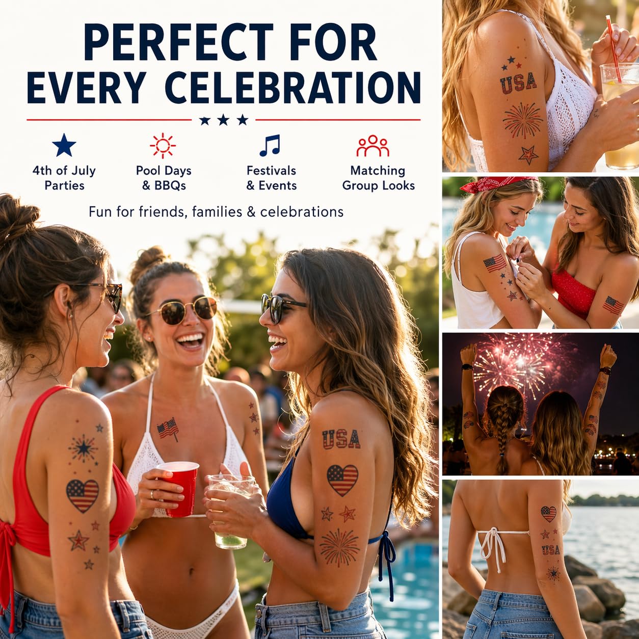 4th of July Temporary Tattoos - 70+ Patriotic Designs | Waterproof USA Flag Red, White & Blue for Parties