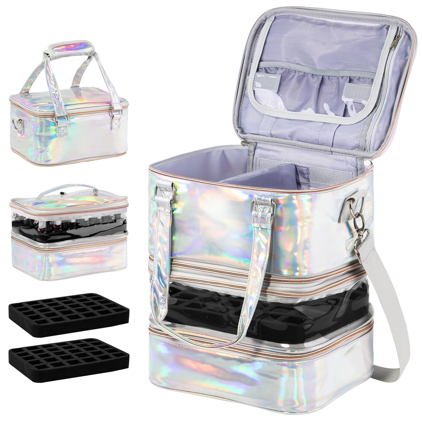 Nail Polish Organizer Case, 3 Layers Removable Nail Polish Storage Bag Holds 60 Bottles and Nail Lamp with Shoulder Strap Portable Holographic PU Leather Nail Kit Storage for Manicure Tools (Silver)