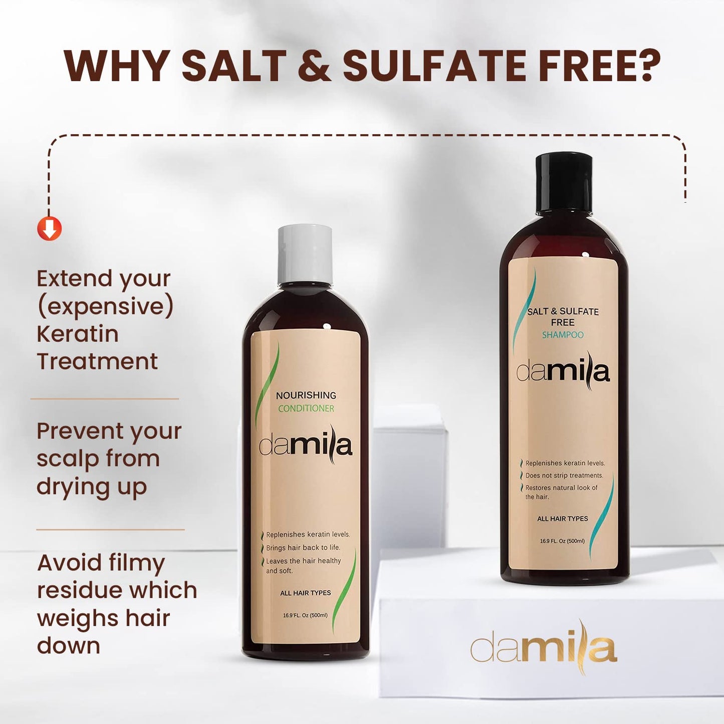 Damila Salt & Sulfate Free Shampoo & Conditioner for Keratin and Color Treated Hair - Professional Keratin Value Pack for Damaged, Frizzy, Curly, Dry & Thin Hair - Shampoo Sin Sal - 16.9 Fl Oz