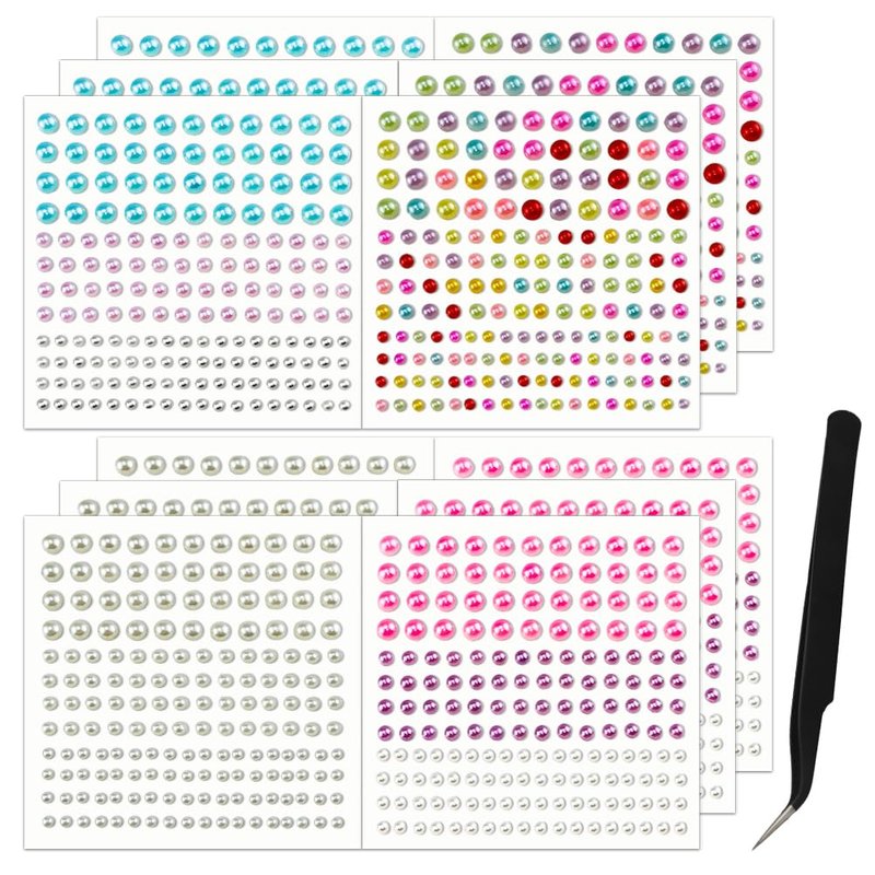 2064 Pcs Pearls for Crafts, Self Adhesive Pearl Stickers 4 Colors 12 Sheets Hair Pearl Stick On for Craft Making