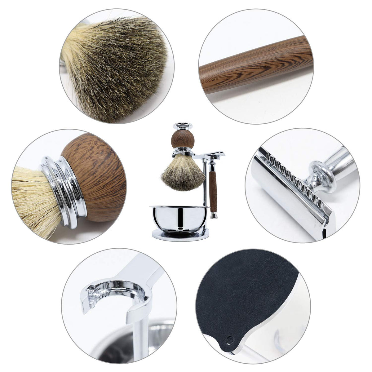 Jolitac Wet Shaving Kit For Men - Badger Hair Shaving Brush, Shaving Stand, Stainless Steel Shaving Bowl Mug, Double Edge Safety Razor, Men's Safety Razor Grooming Gift Set (Wood)