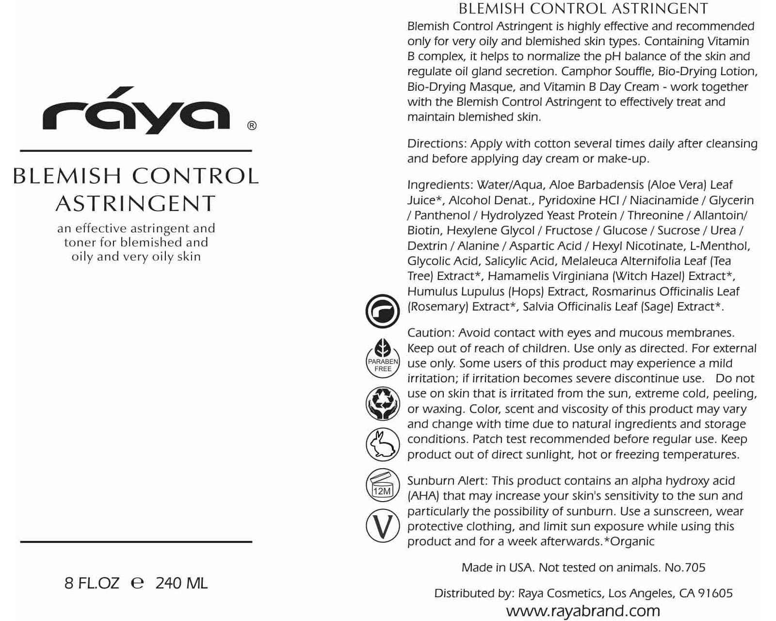 RAYA Blemish Control Astringent (705), Facial Toner for Very Oily and Break-Out Skin, with Vitamin B Complex to Balance pH and Helps Regulate Oil Production, Cruelty & Paraben Free - 8 fl oz