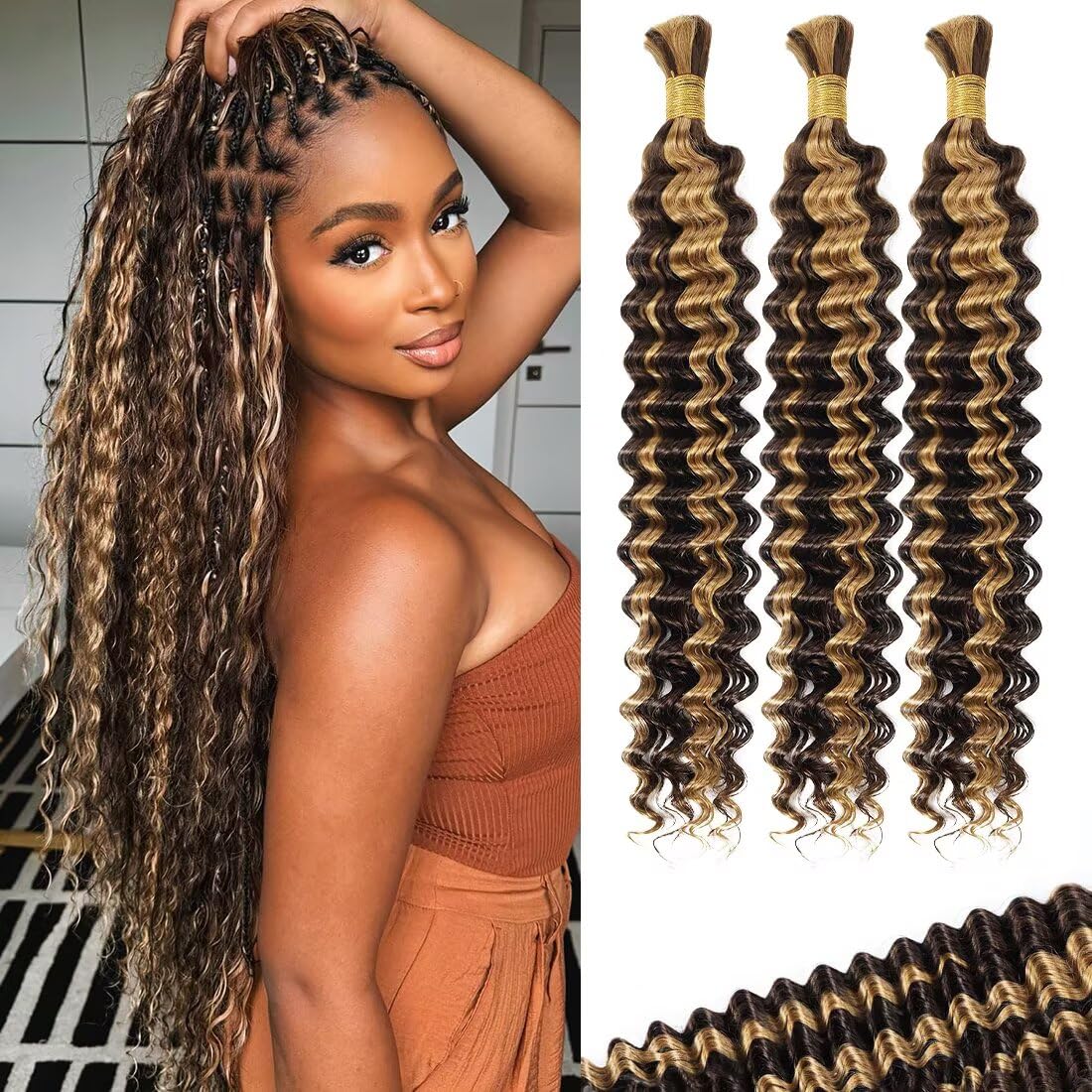 100g 3 bundles 99j Red Burgundy Human Braiding Hair 14 Inch Deep Water Wave Bulk Human Hair for Braiding No Weft 12A Brazilian Virgin Curly Human Hair Extensions for Boho Braids