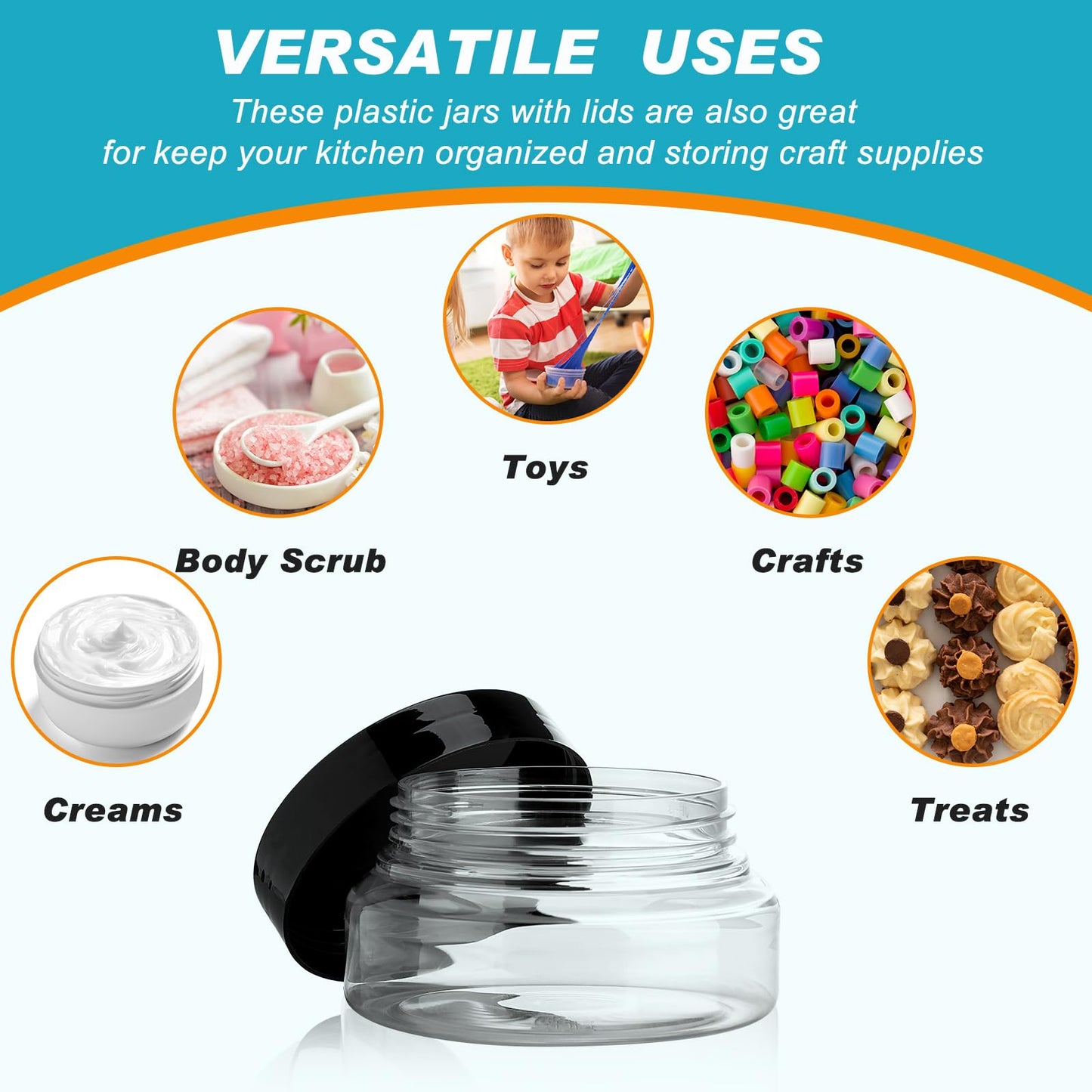 Tessco for you 48 Pack Plastic Jars with Lids Labels Multiuse Slime Containers Empty Body Scrub Jars Round Refillable Cosmetic Body Butter Container for Makeup (5 oz,Clear)