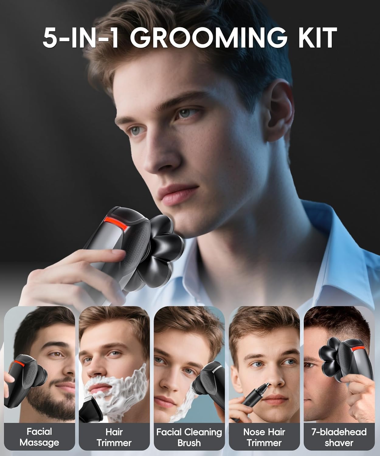 5-in-1 Men's Grooming Kit - 7D Rotary Electric Head Shaver | IPX8 Waterproof, High-Gloss Black