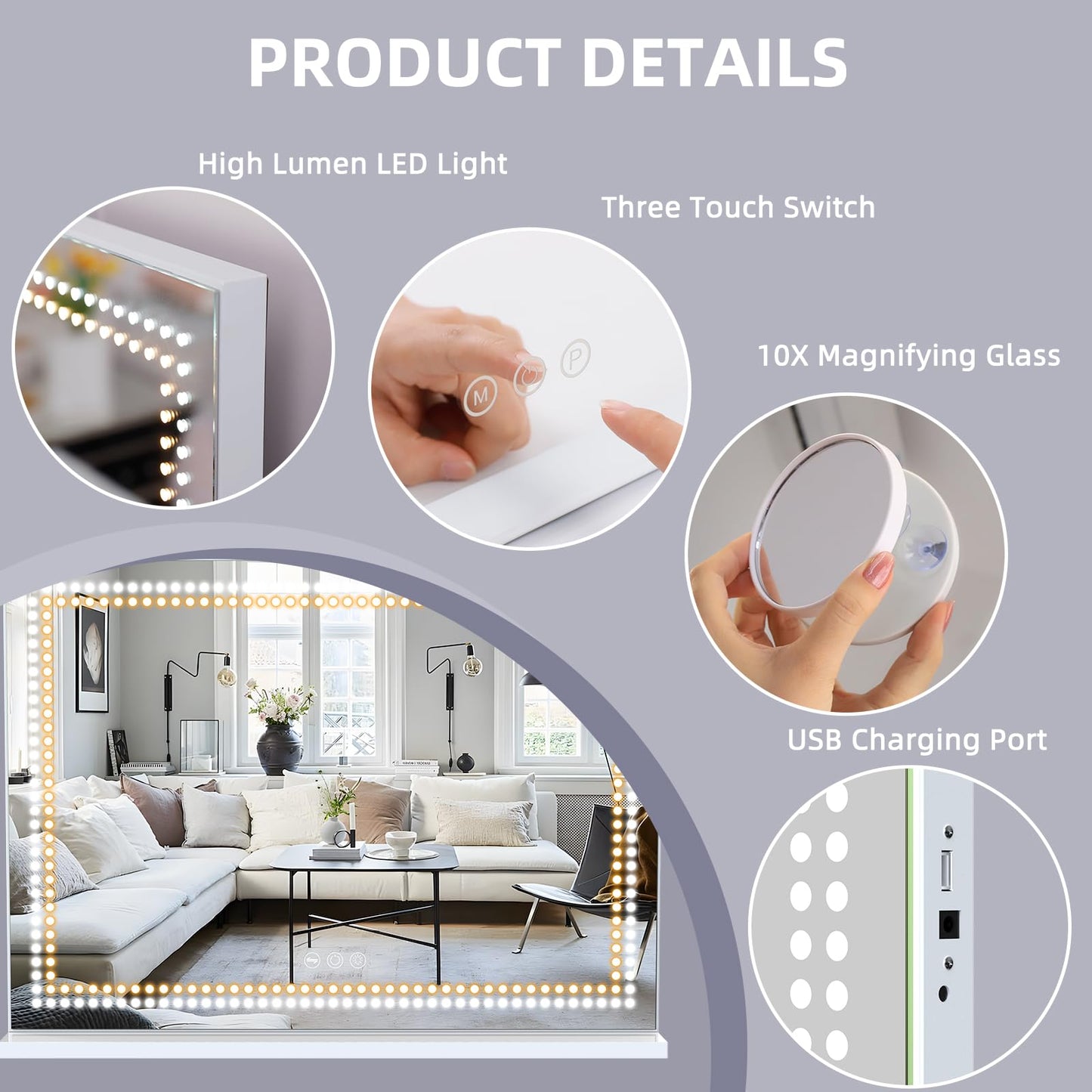 Vanity Mirror with Lights Tempered Glass 22.8" x 18.1" Lighted Makeup Mirror with Light Strip Crushed Crystal 3 Colors Modes Dimmable Lights USB Port and 10X Magnification, White (9.84" x11.81")