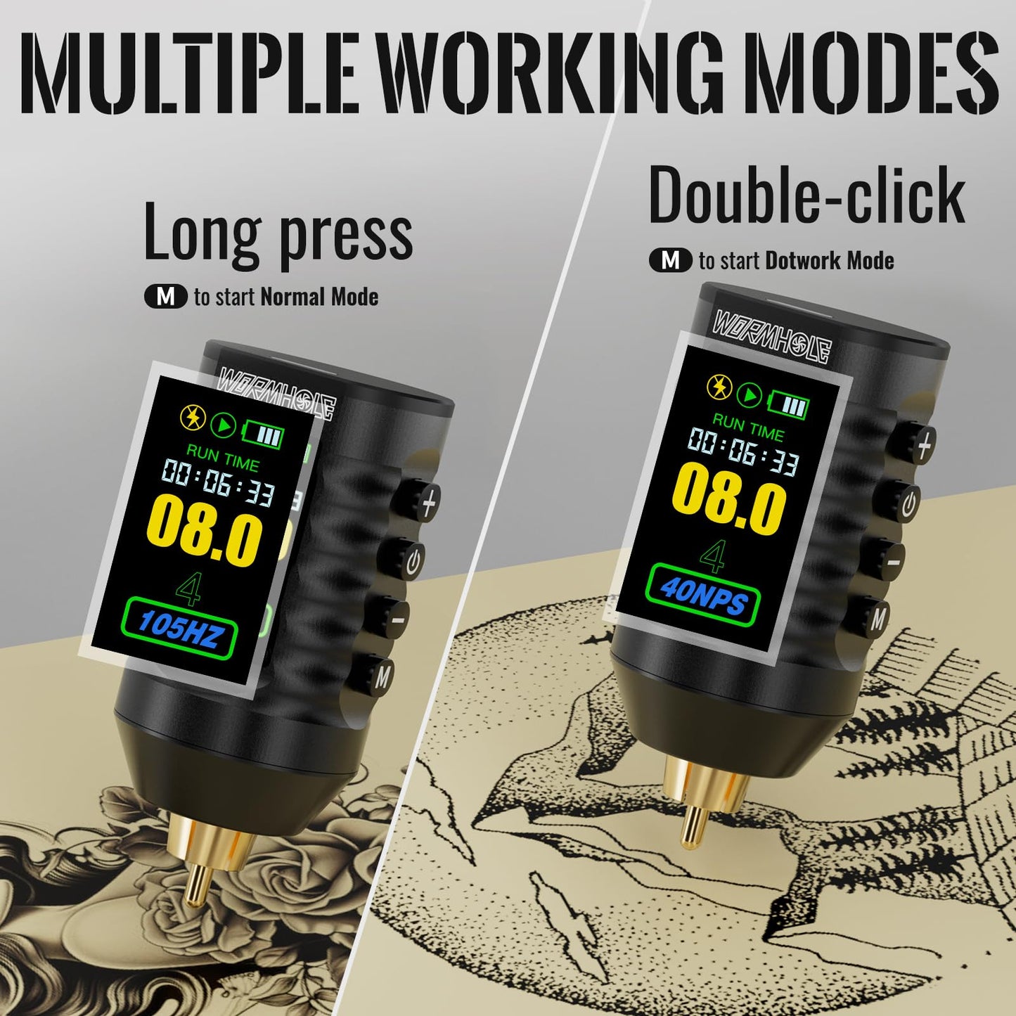 Wormhole Wireless Tattoo Power Supply Rechargeable Cordless Tattoo Battery Pack 1800mAh Portable Tattoo Battery RCA Lithium Battery with LED Digital Display For Tattoo Pen Rotary Tattoo Machine WB14-B