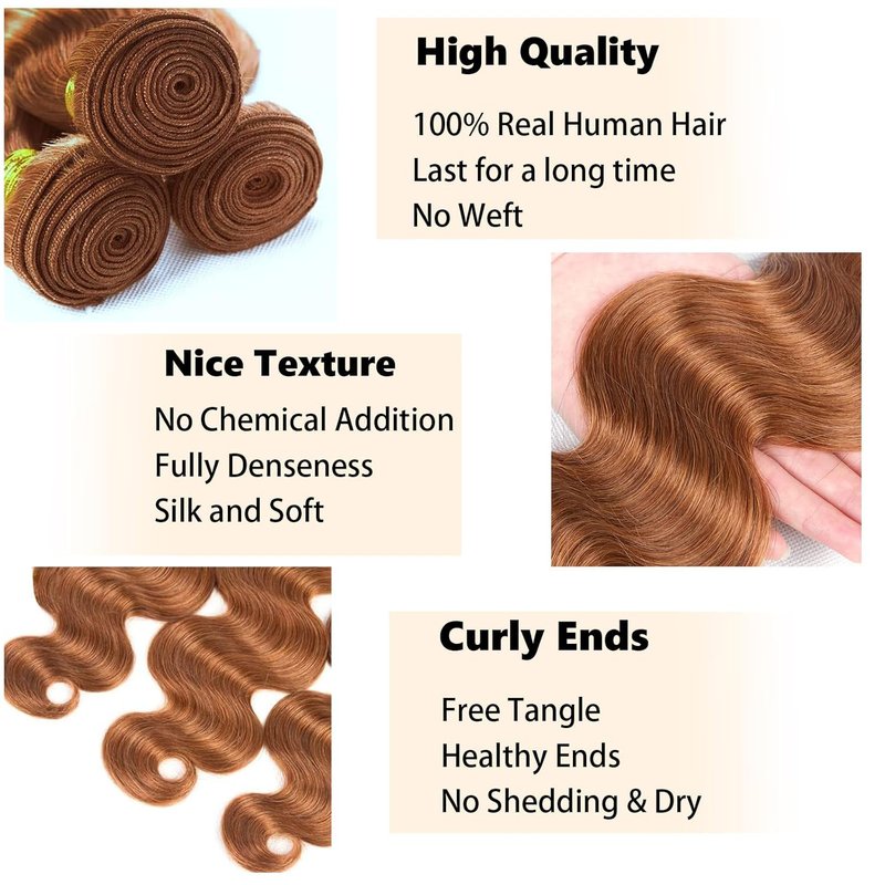 Human Hair Bundles - 12A Unprocessed Brazilian Virgin Hair | Body Wave Brown 30 Color, 8-10-12 Inch for Quick Weave