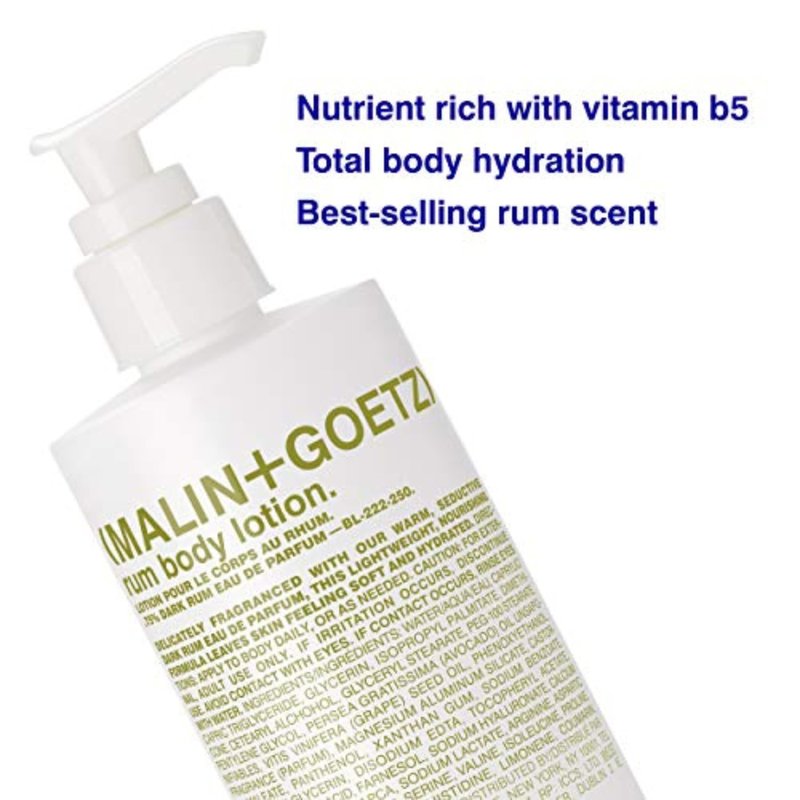 MALIN+GOETZ Rum Body Lotion | Lightweight Hydrating Lotion with Vitamin B5, Avocado + Grapeseed Oils | Nourishing, Fast-Absorbing Moisturizer | Vegetarian + Cruelty-Free | Dark Rum Scent (8.5 Fl Oz.)