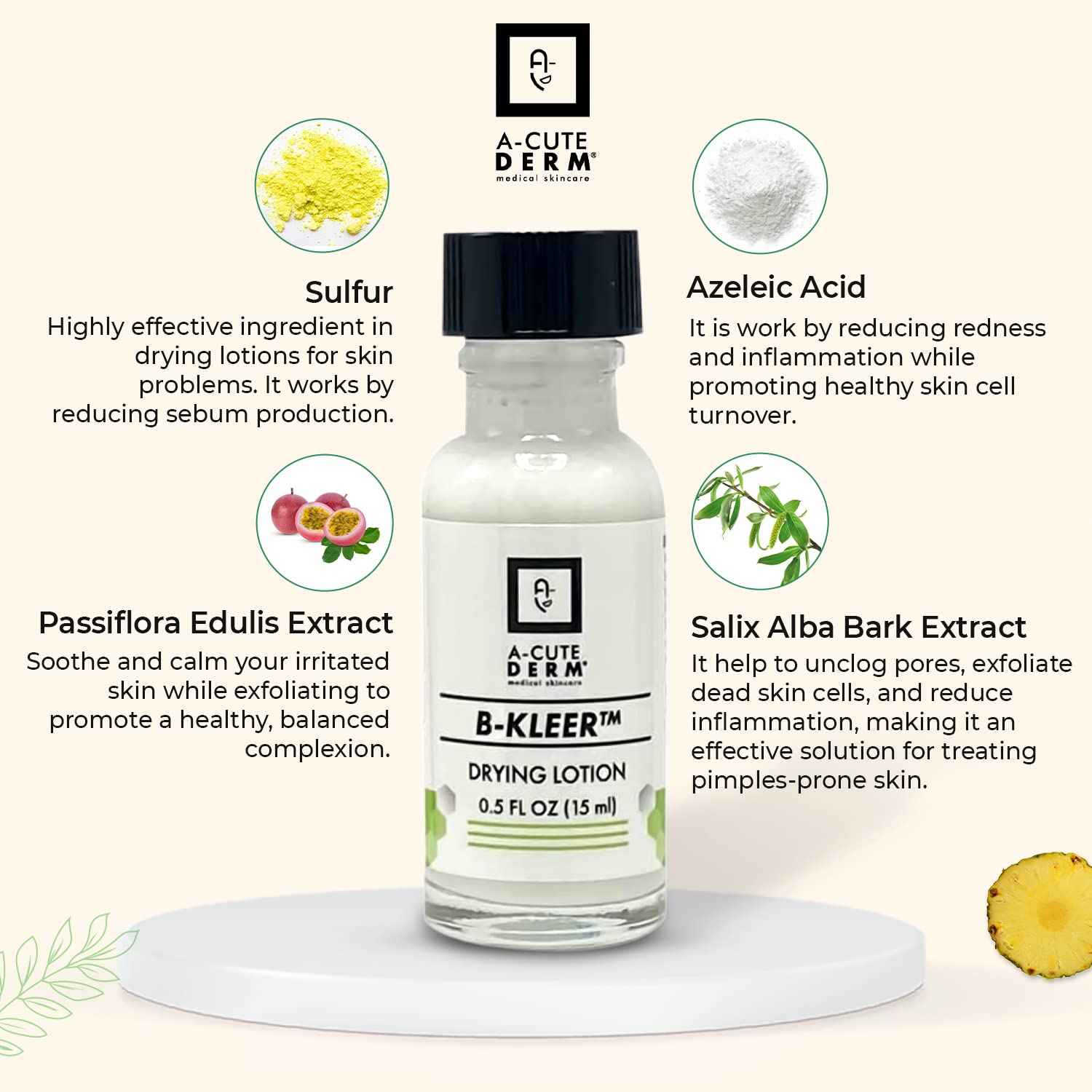 A-Cute Derm B-Kleer Drying Lotion Advanced Blemish Spot Treatment for Pimples, Razor Bumps & Oily T-Zone Fast-Acting Overnight Formula, Use Day or Night 0.5 oz