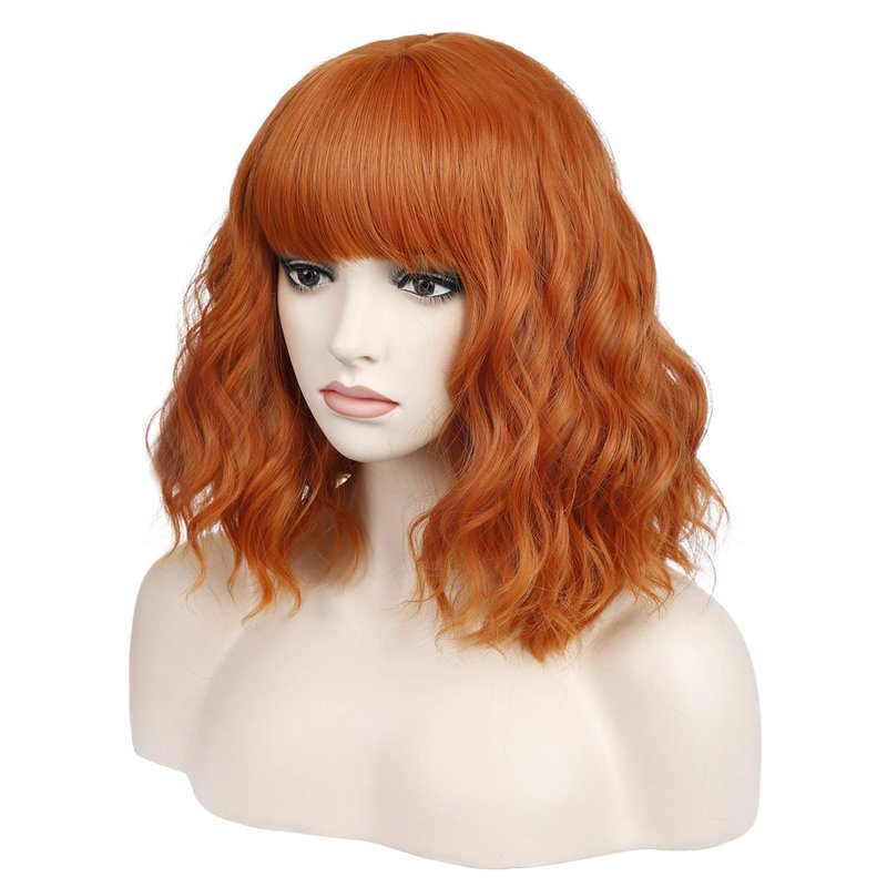 Short Dark Orange Wig with Bangs - Curly Wavy Bob Synthetic Hair for Women | Shoulder Length