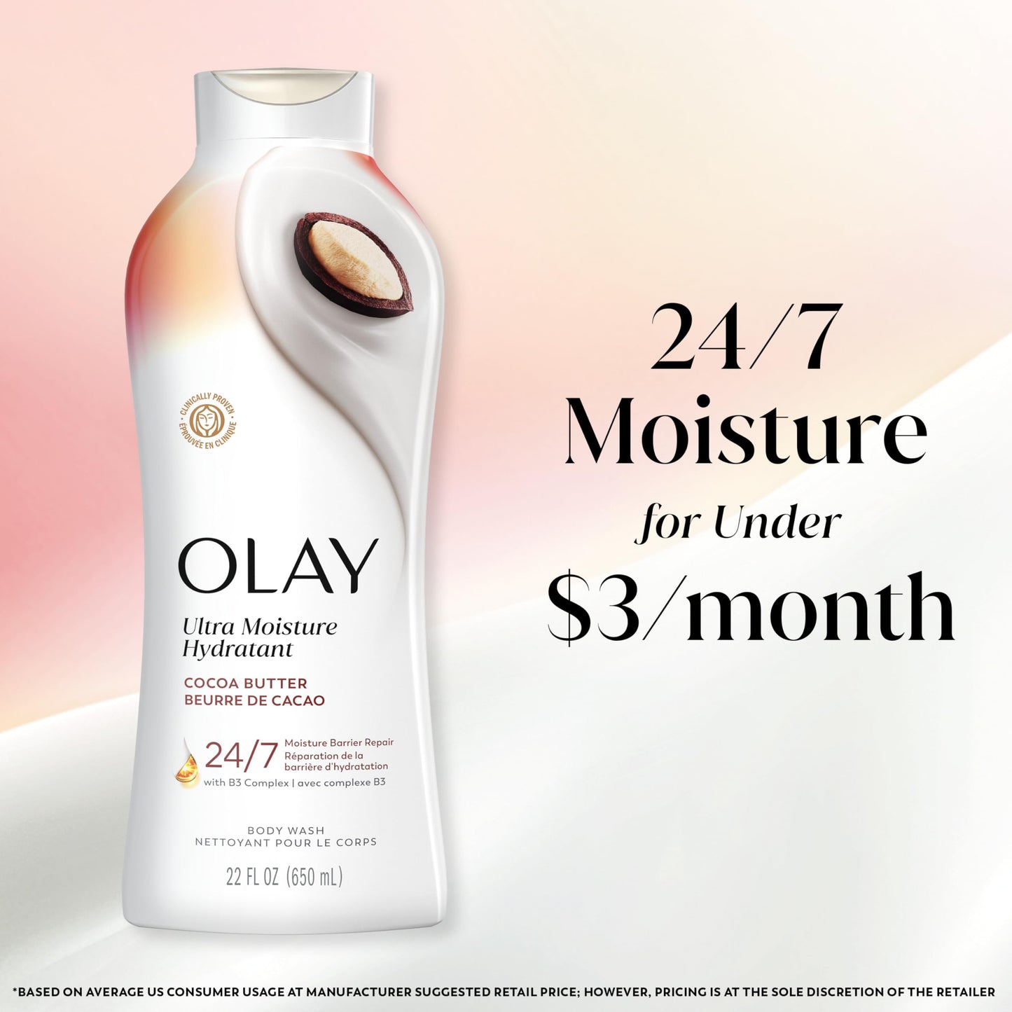 Olay Body Wash for Women, Ultra Moisture, 24hr Moisturizing, Hydrating & Refreshing, B3 Vitamin Complex, Free of Parabens & Phthalates, For All Skin Types, Cocoa Butter Scent, 22 fl oz (Pack of 4)
