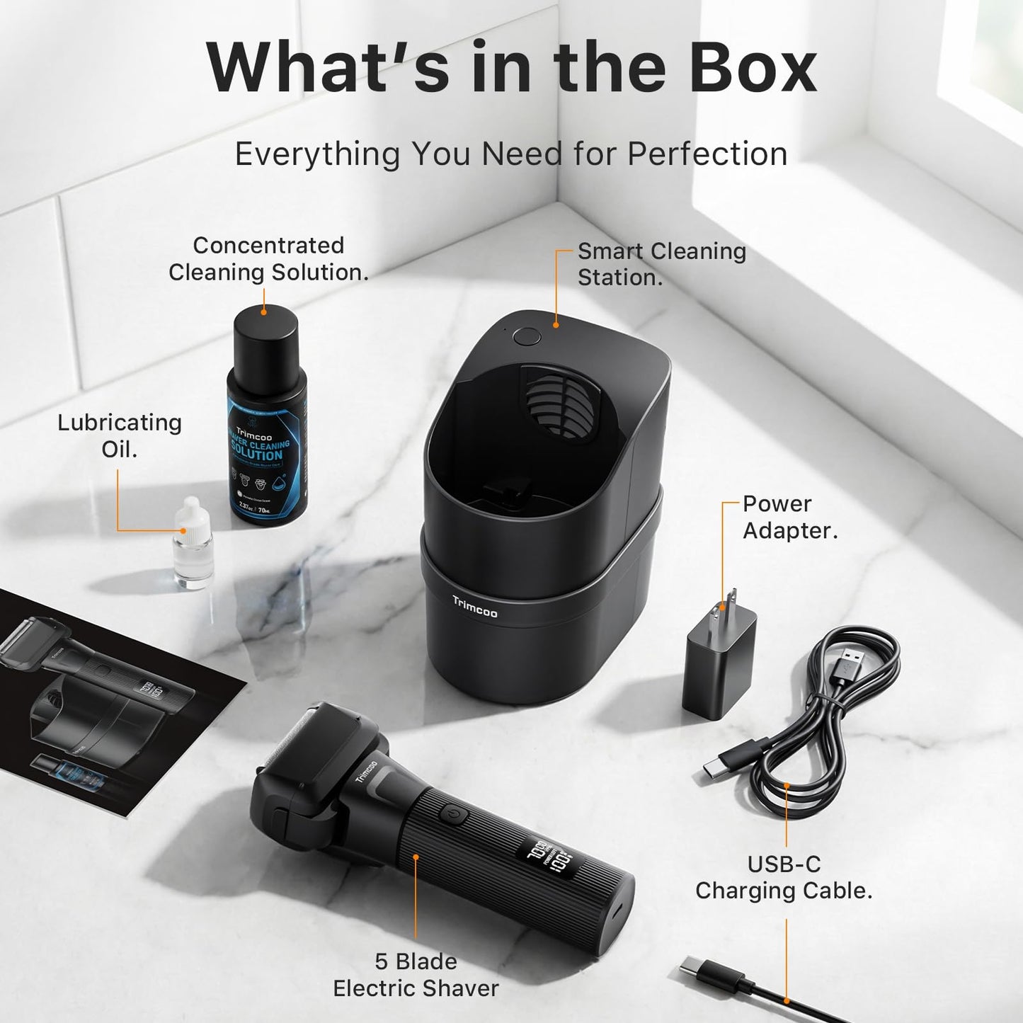 Electric Shaver for Men - Trimcoo 5-Blade Foil Razor Kit | Gentle on Sensitive Skin | Self-Cleaning Center, USB-C Charging, 180min Runtime, IPX7 Wet/Dry Use with Pop-Up Trimmer, Ideal Grooming Gift