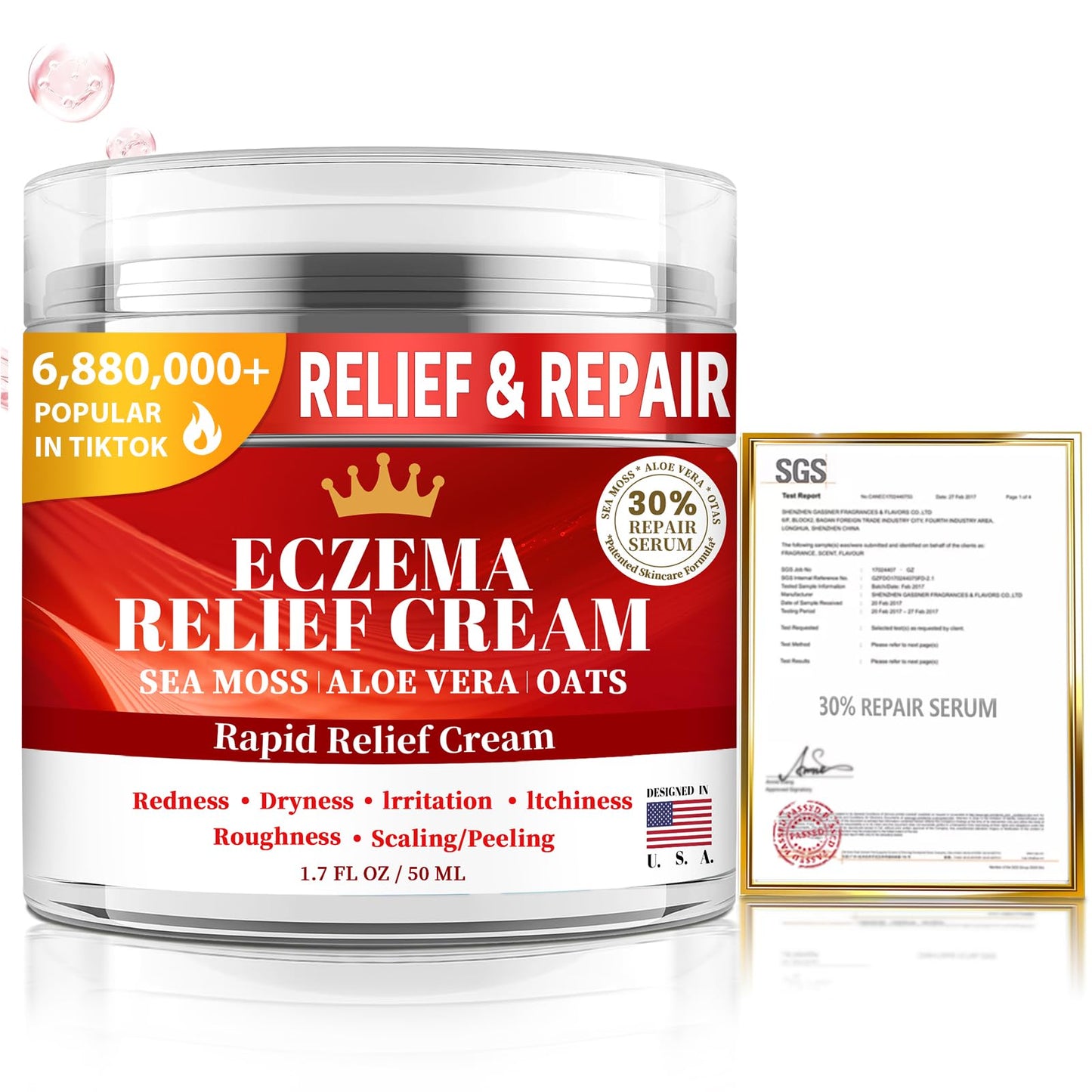 Eczema Cream for Kids & Adults - Eczema Relief Cream for Redness, Itchy, Dry Skin, Daily Moisturizer for Sensitive Skin, with Sea Moss, Aloe Vera, Colloidal Oatmeal, Fragrance-Free, 1.7 FL OZ, 3PC