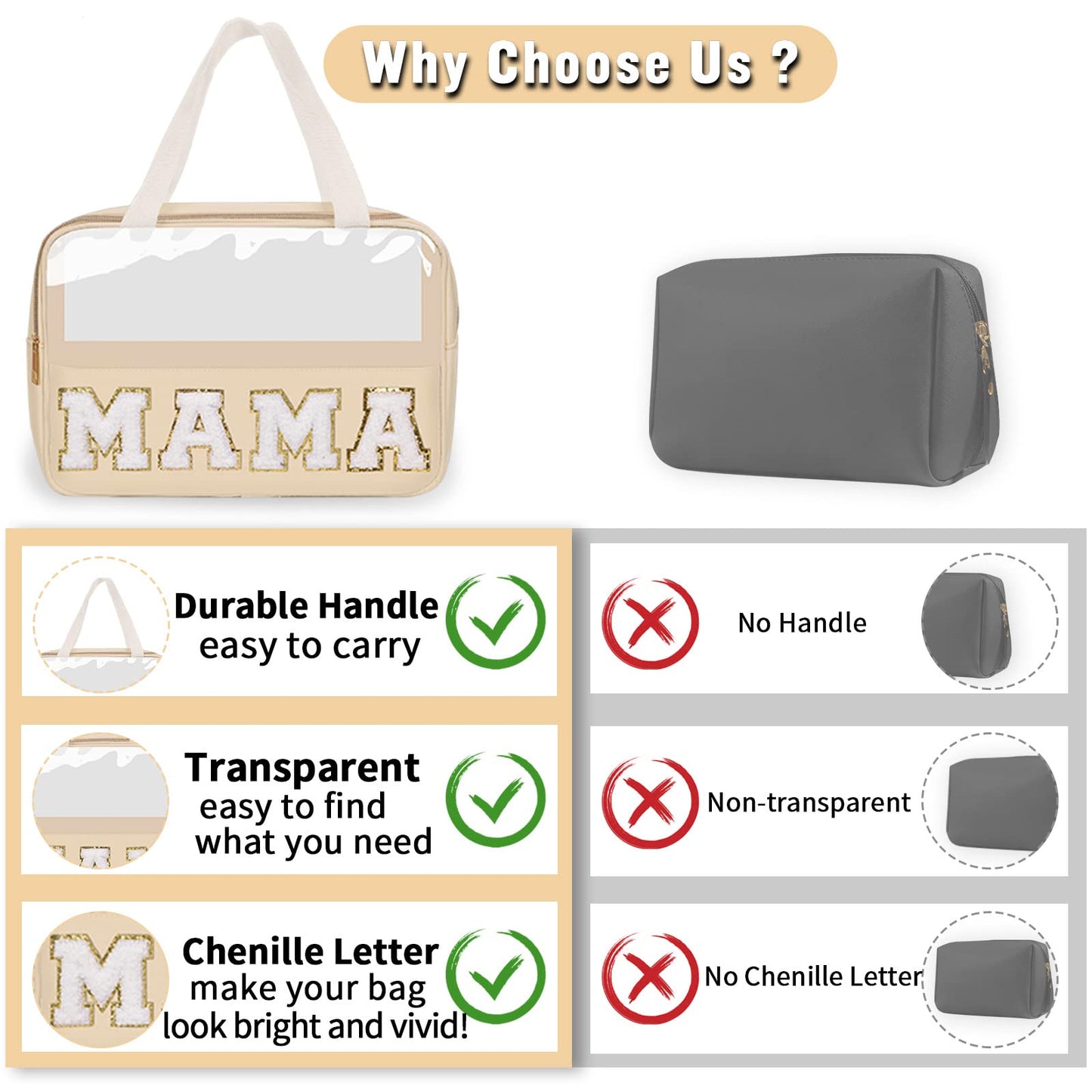 Preppy Clear Mama Makeup Bags with Chenille Letter Patches, Travel Essentials Large Clear Make up Bag Zipper Pouch with Handle, Waterproof Nylon Cosmetic Toiletry Storage Tote for Women (MAMA-Beige)