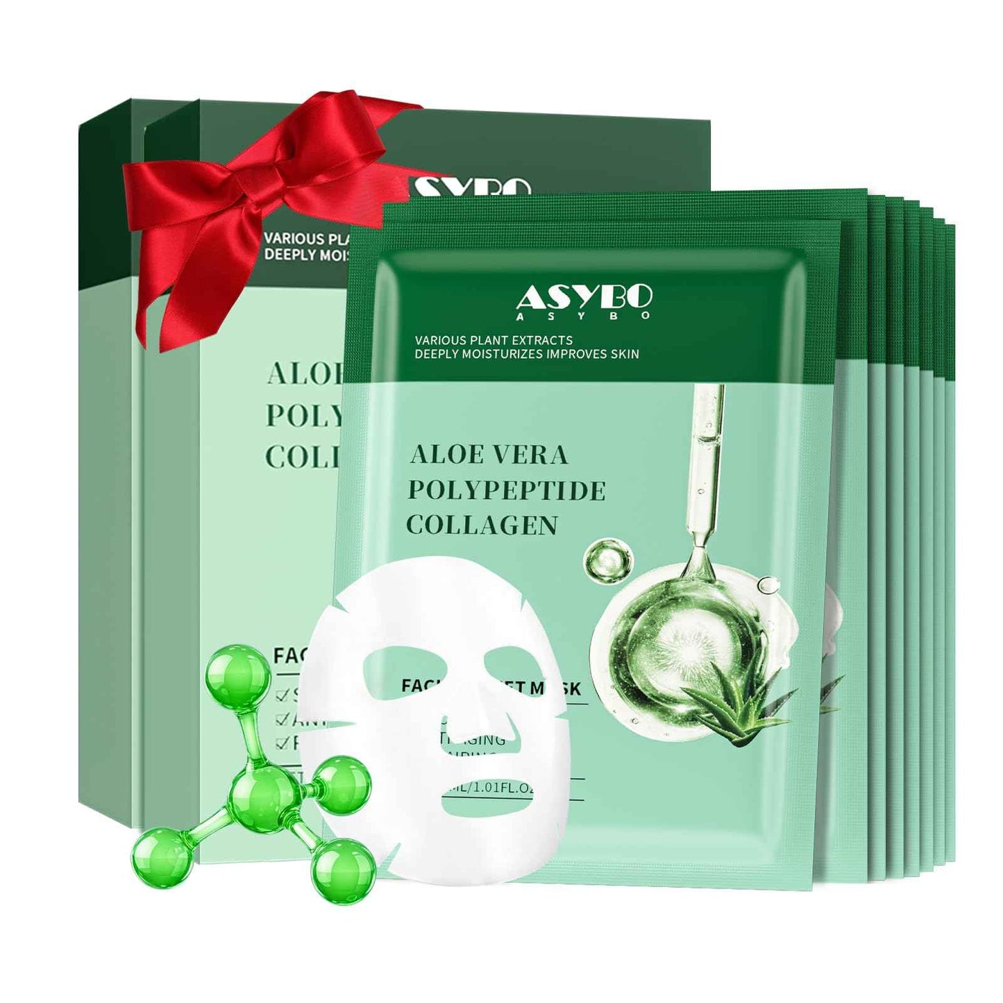 ASYBO Pack of 20 Collagen Face Mask, Aloe Vera Polypeptide Collagen Facial Masks Skincare, Moisturizing Facial Sheet Mask for Acne, After Sun, Claming, Anti-Aging and Anti-Wrinkle
