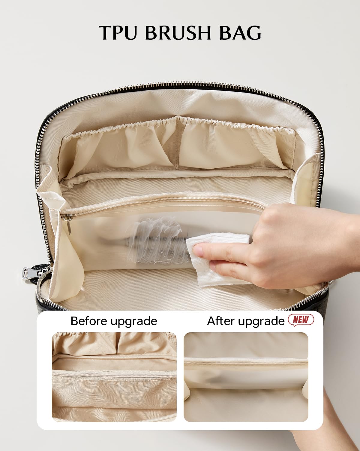 EACHY Travel Makeup Bag, Lychee Leather Large Capacity Cosmetic Bag for Women, Open Flat Toiletry Bag with TPU Brush Compartment, Waterproof Skincare Organizer Travel Essentials