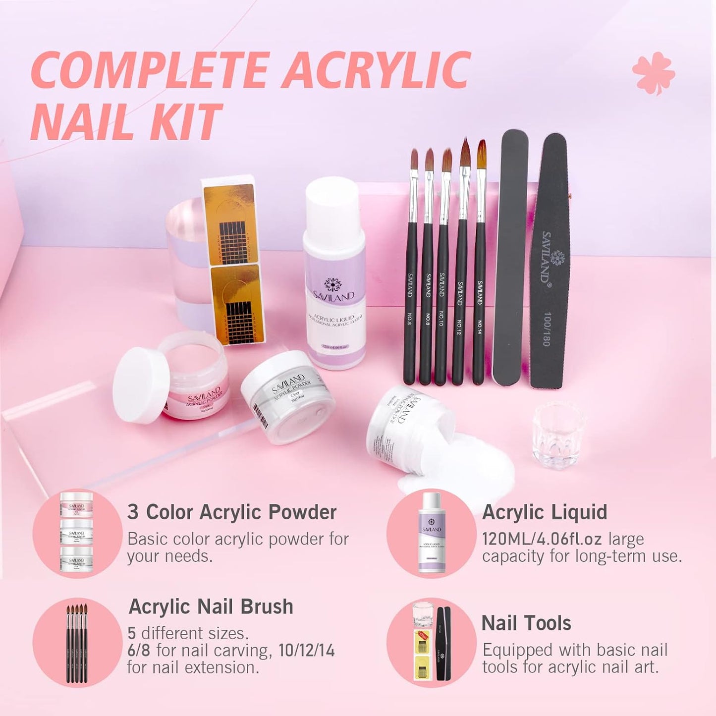 Acrylic Nail Kit - 120ml Liquid & 30g Clear Pink White Powder Set | 5 Size Brushes for Professional Nail Art