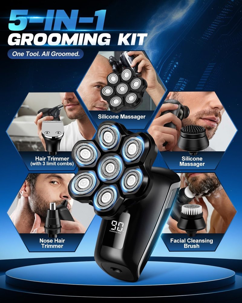 Electric Head Shaver for Bald Men - 7D Floating Blades, IPX7 Waterproof | Rechargeable & Detachable Design