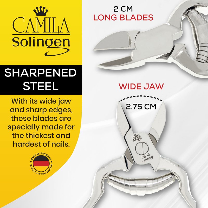 Camila Solingen CS13 Large Heavy Duty Toe Nail Clipper for Thick Toenails, Manicure & Pedicure, Double Barrel Spring. Super Sharp Trimmer Curved Carbon Steel 20mm Blade Made in Solingen, Germany