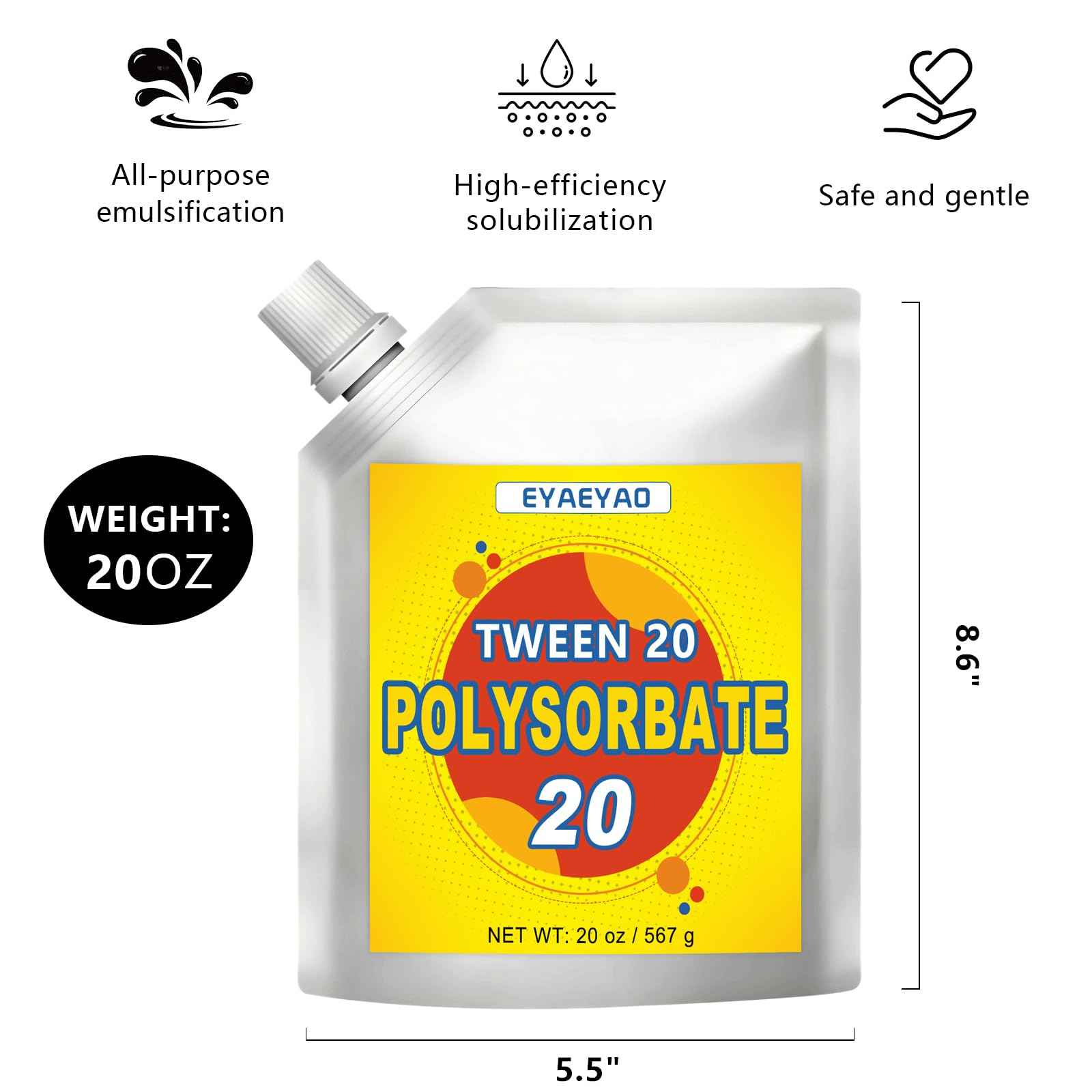 Eyaeyao Polysorbate 20, Emulsifier & Solubilizer for DIY Skincare, Cosmetics, Lotions, and Essential Oils - Perfect for Homemade Beauty Products - Gentle on Skin (20 Ounces)