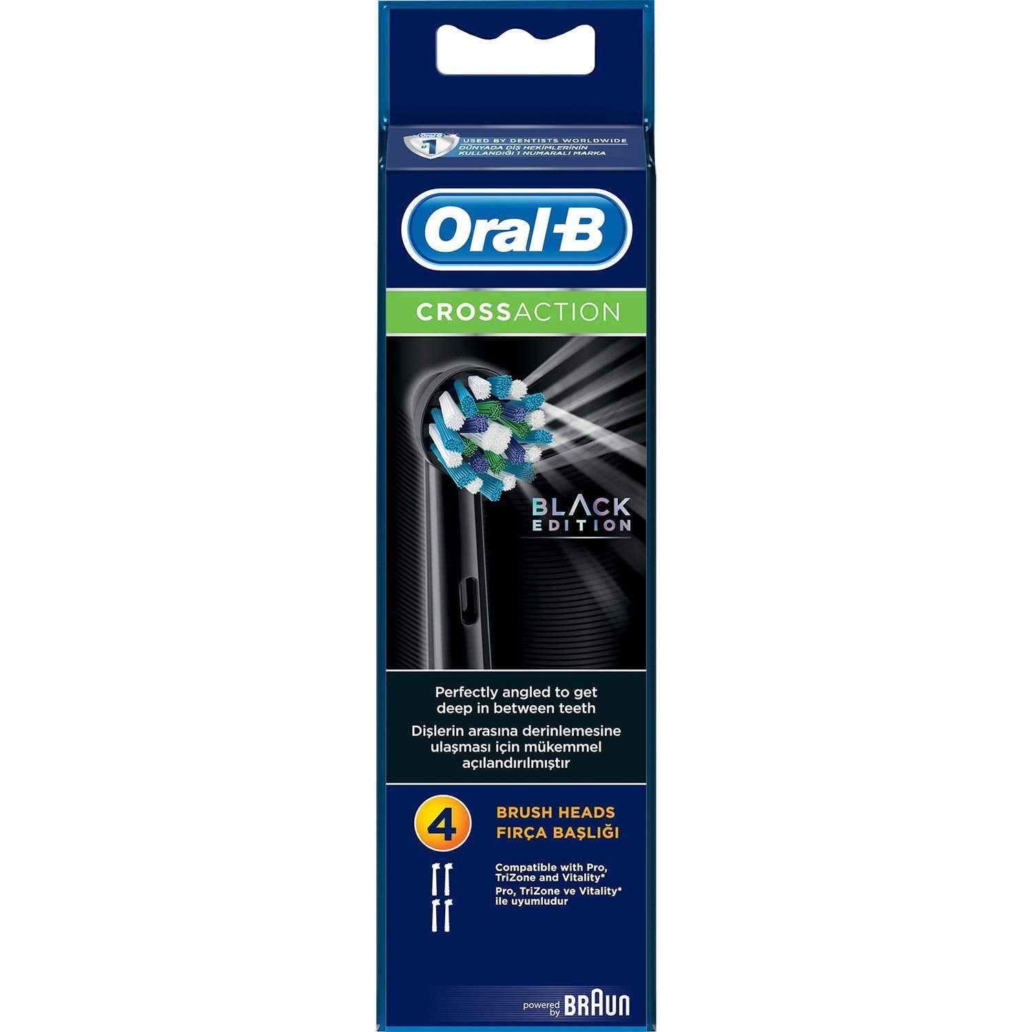 Oral-B Genuine CrossAction Replacement Black Toothbrush Heads, Refills for Electric Toothbrush, Angled Bristles for up to 100 Percent More Plaque Removal, Pack of 4