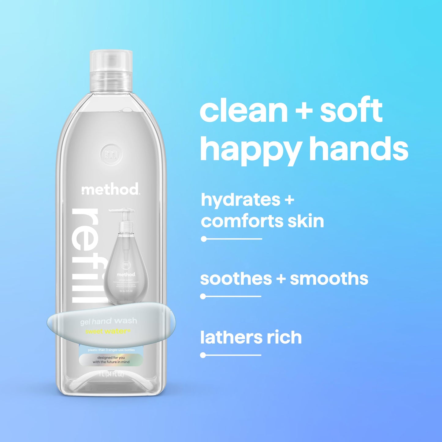 Method Gel Hand Wash Refill, Sweet Water - Refills Up to 3X, Made without Parabens, Dewy Lemon Leaf, Grapefruit & Star Jasmine Notes, 34 fl oz, 4 pack