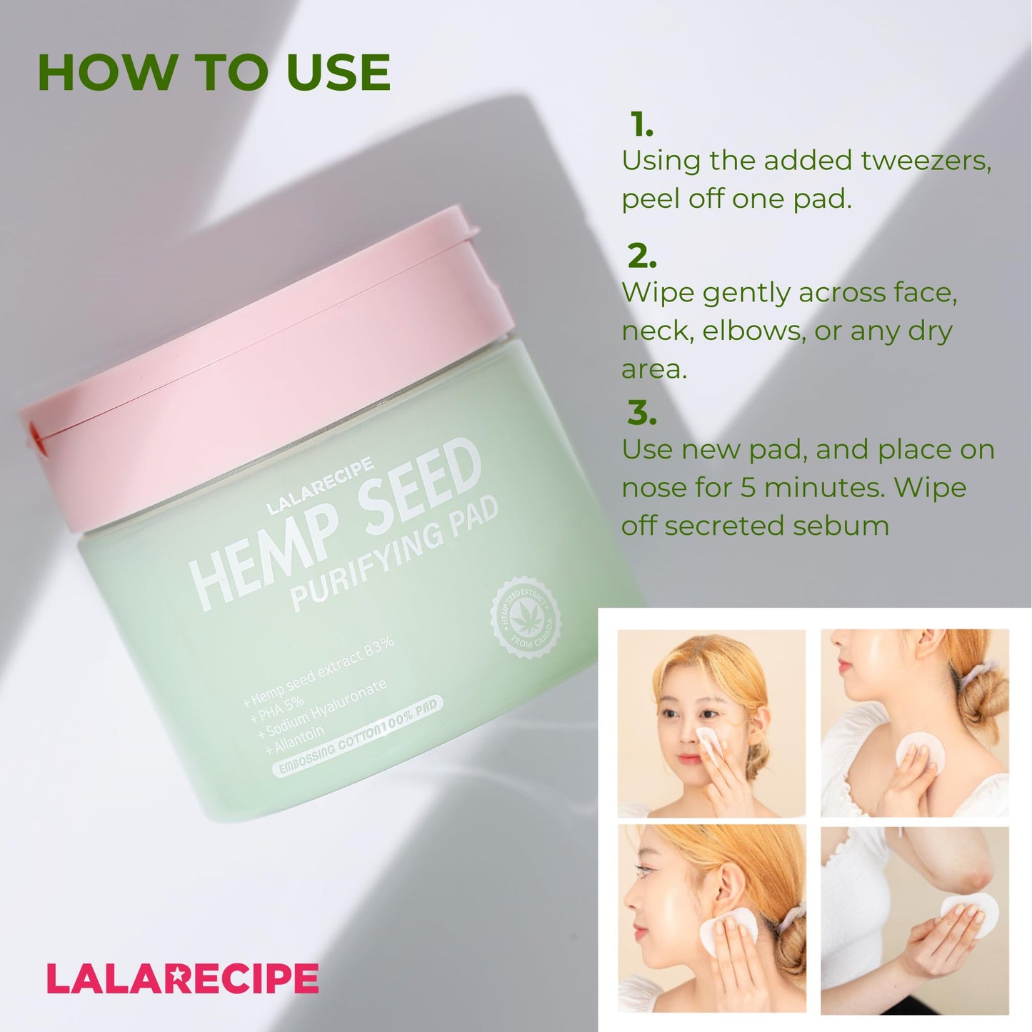 LALARECIPE Hemp Seed Purifying Facial Pads – Korean Toner Pads with 83% Hemp Seed Extract & 5% PHA – Gentle Exfoliating & Hydrating Skincare for Sensitive & Troubled Skin (70 Pcs)
